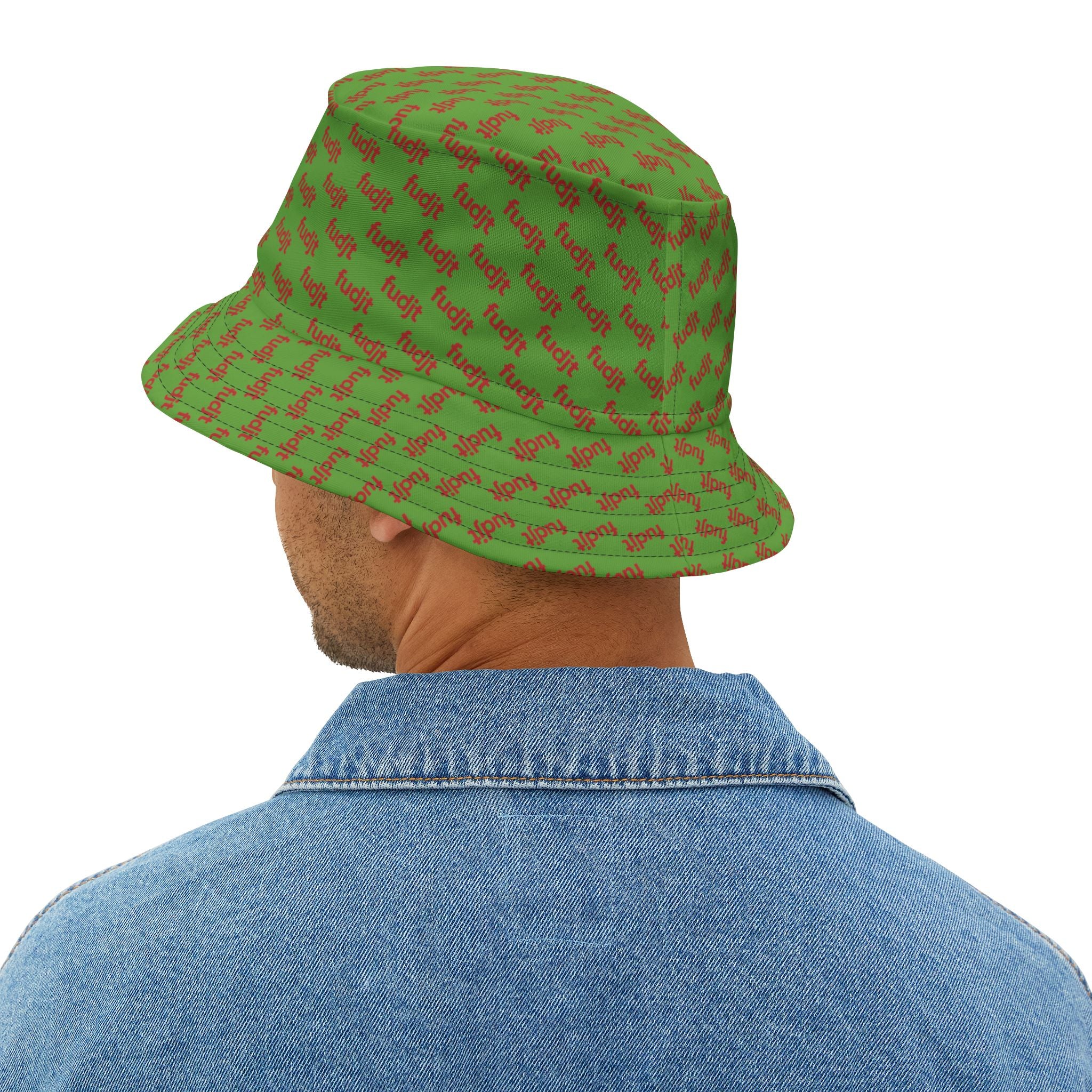 Trendy Red fudjt All Over on Green Bucket Hat