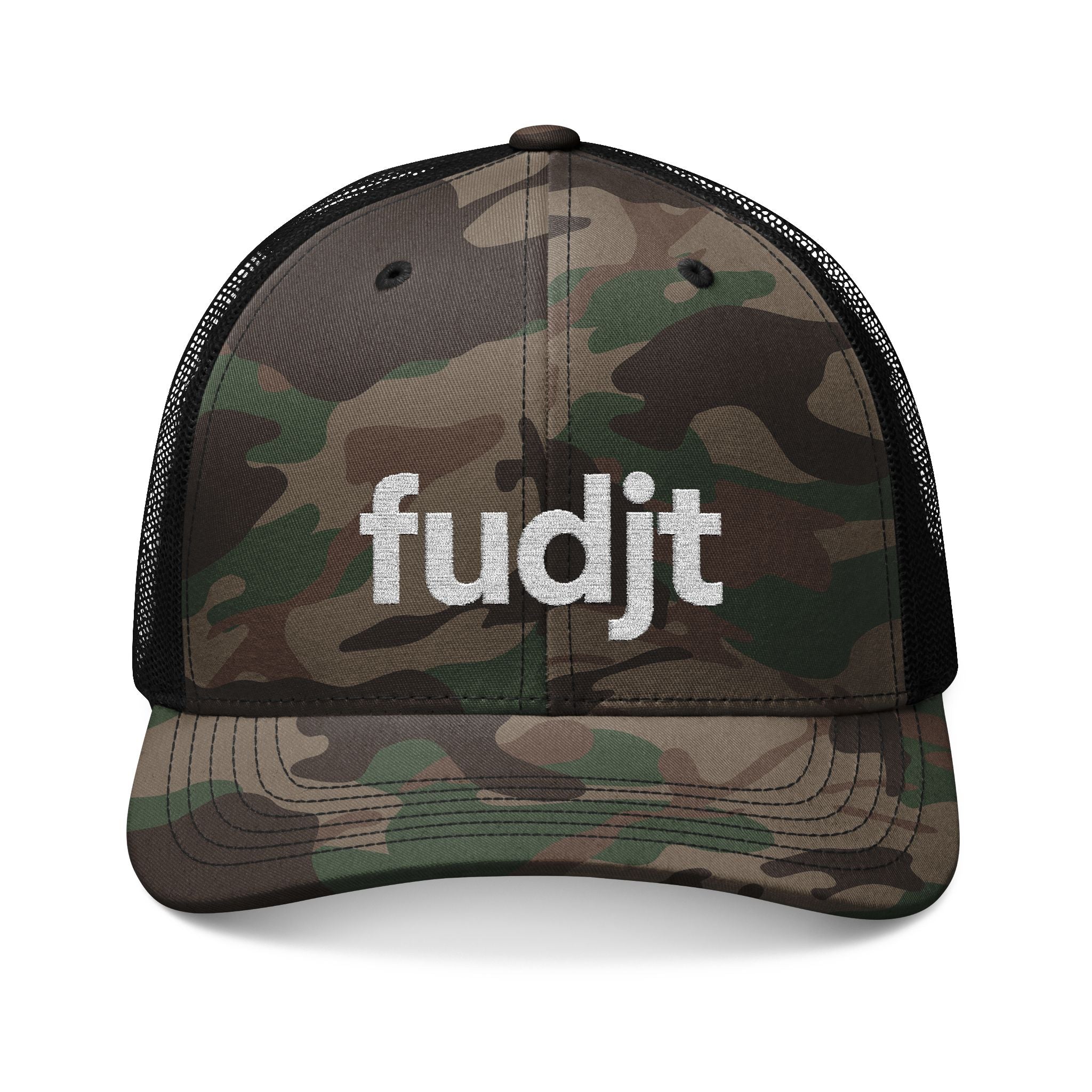 Camouflage Trucker Hat with White fudjt Logo Embroidery | 3 Colors