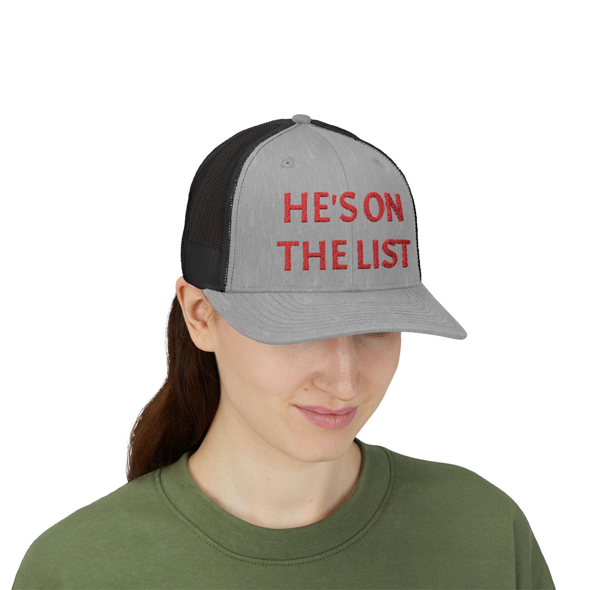 He's On The List | Red Embroidered Fudjt Snapback Trucker Cap in 6 Colors | Trending Now