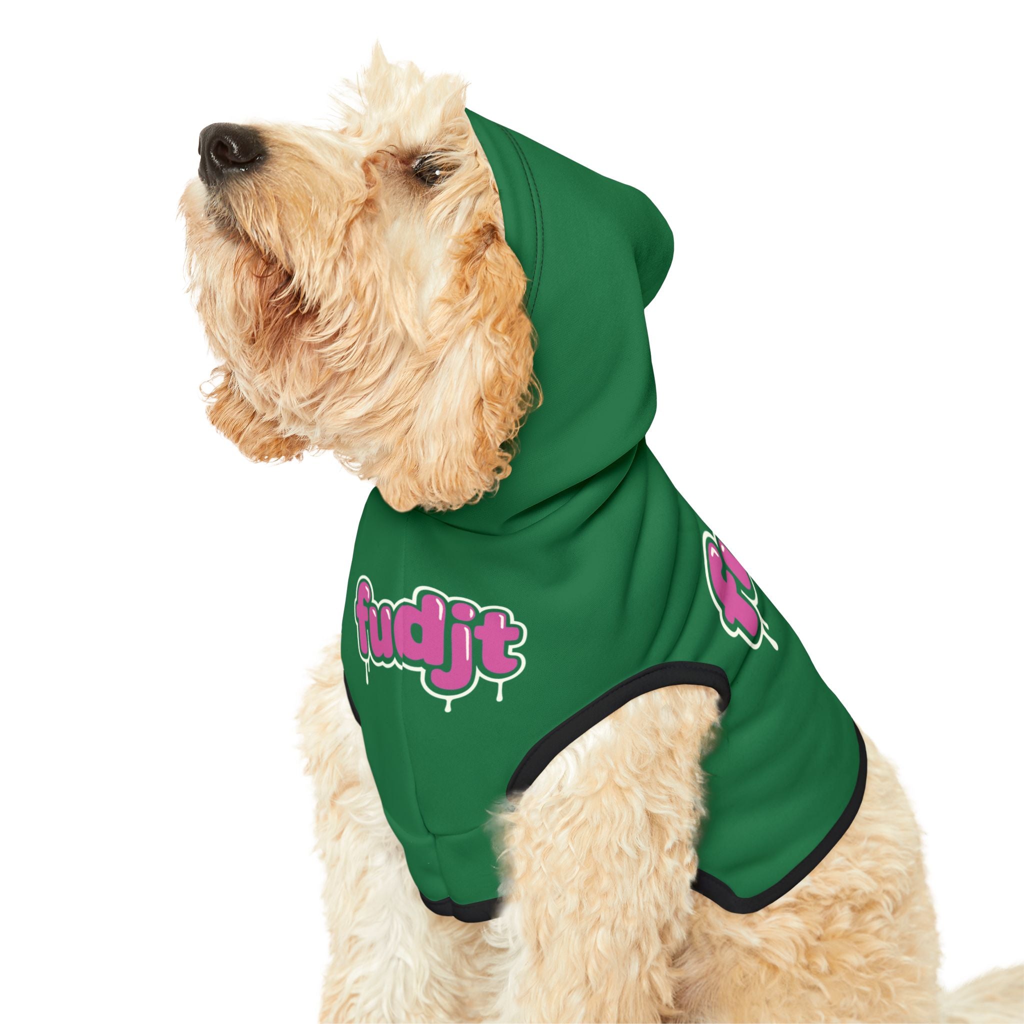 Dark Green fudjt Pet Hoodie with Pink Drip Design