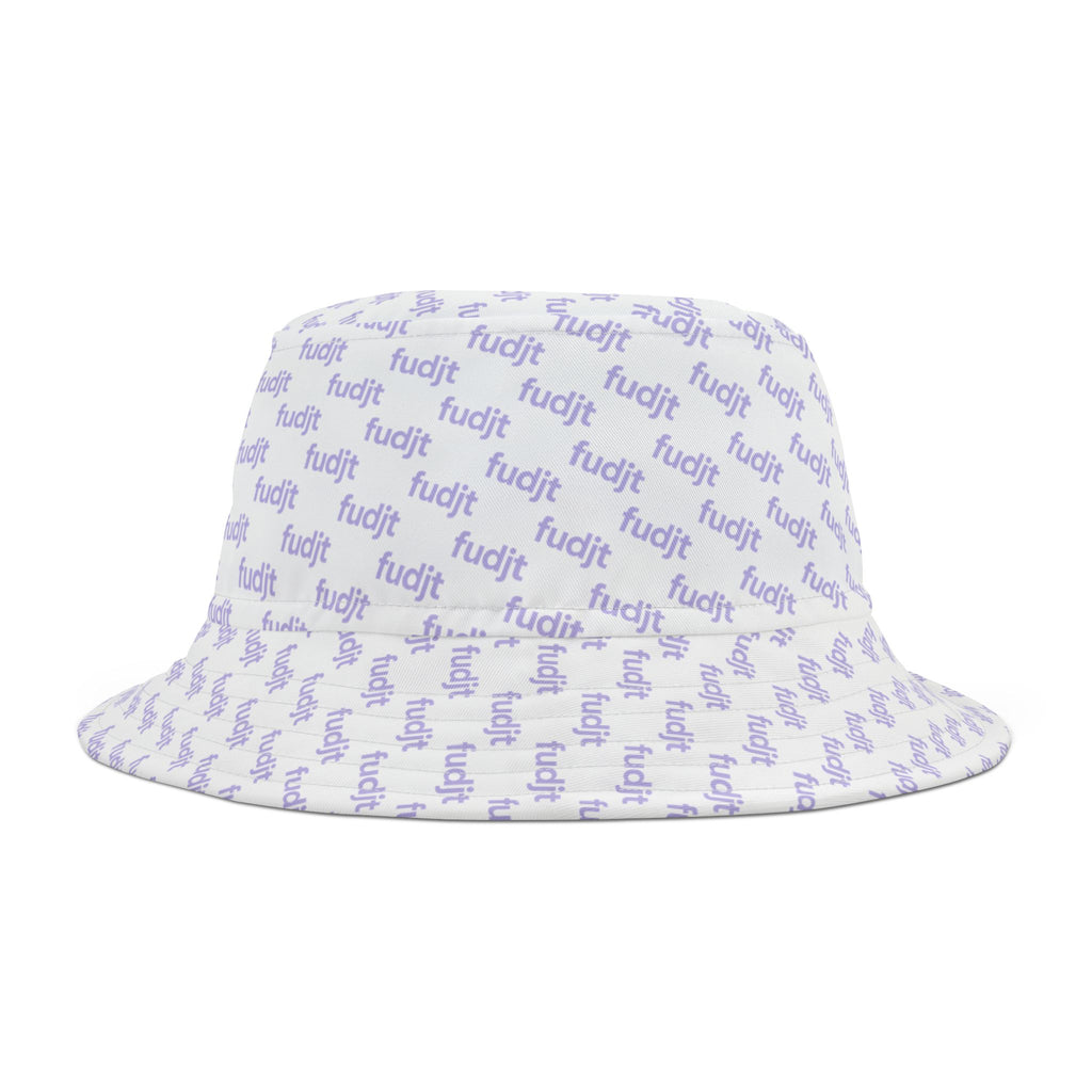 Trendy Lavender "fudjt" All Over on White Bucket Hat