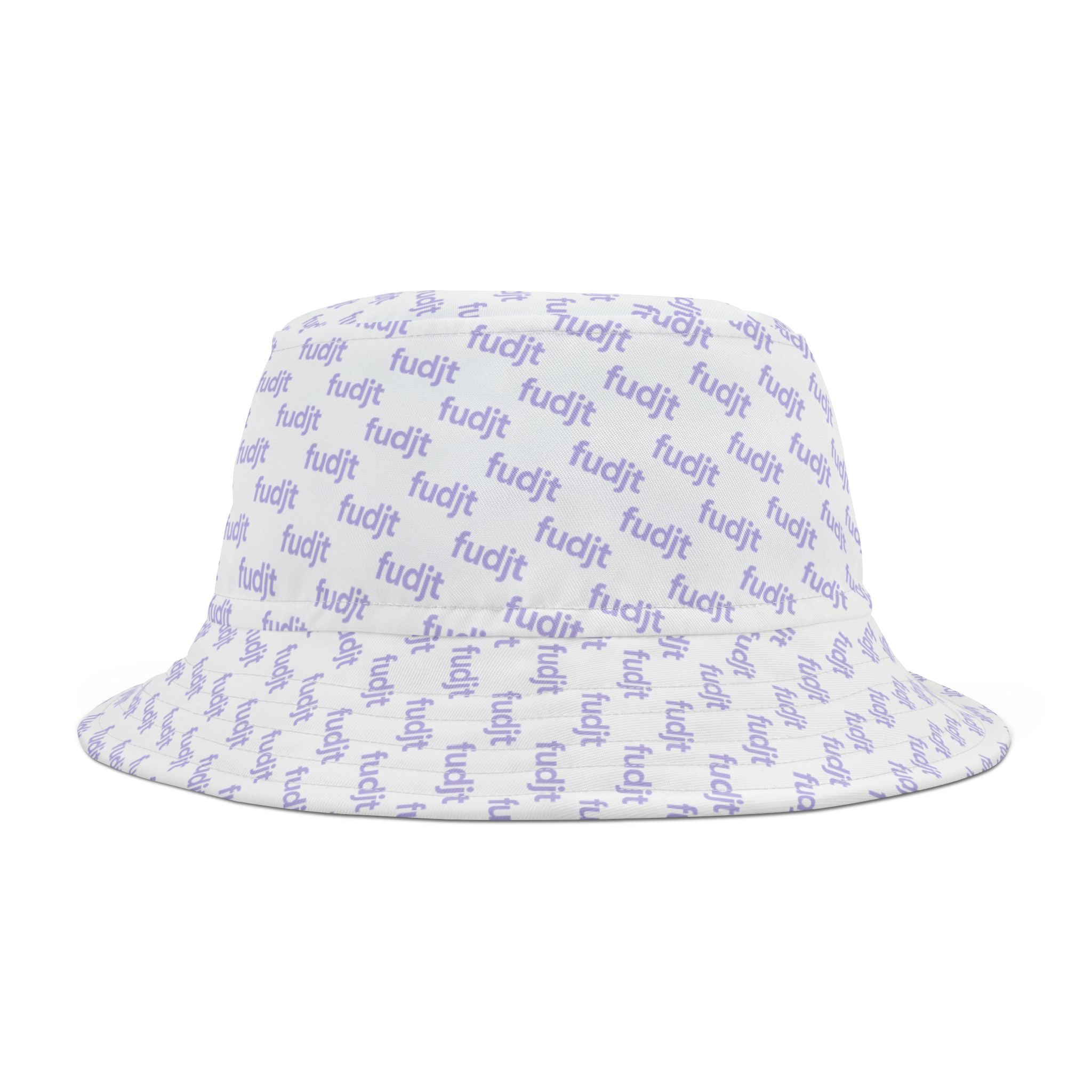 Trendy Lavender "fudjt" All Over on White Bucket Hat