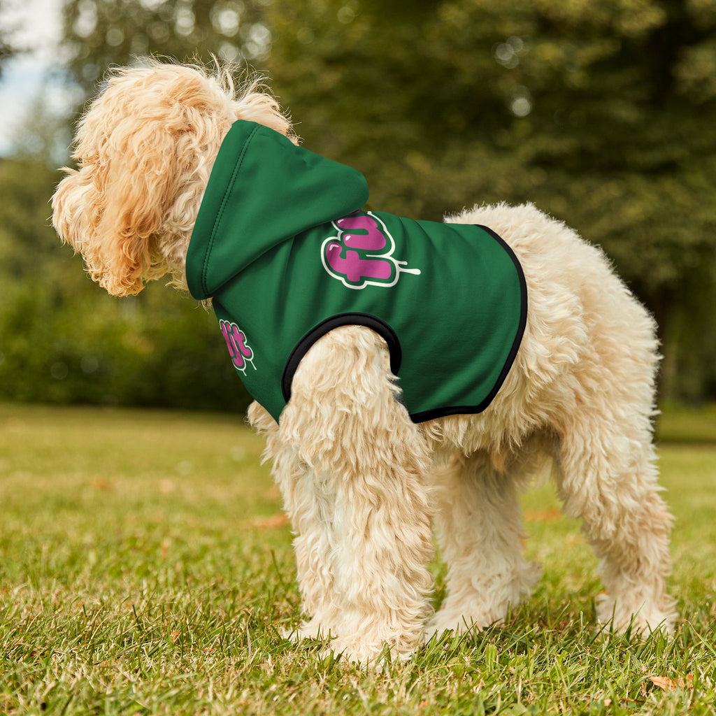 Dark Green fudjt Pet Hoodie with Pink Drip Design