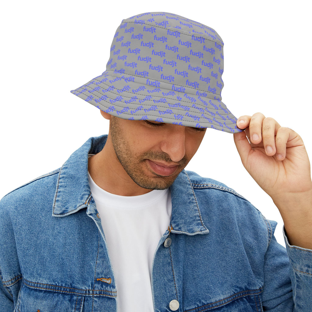 Trendy Light Blue fudjt All Over on Light Gray Bucket Hat