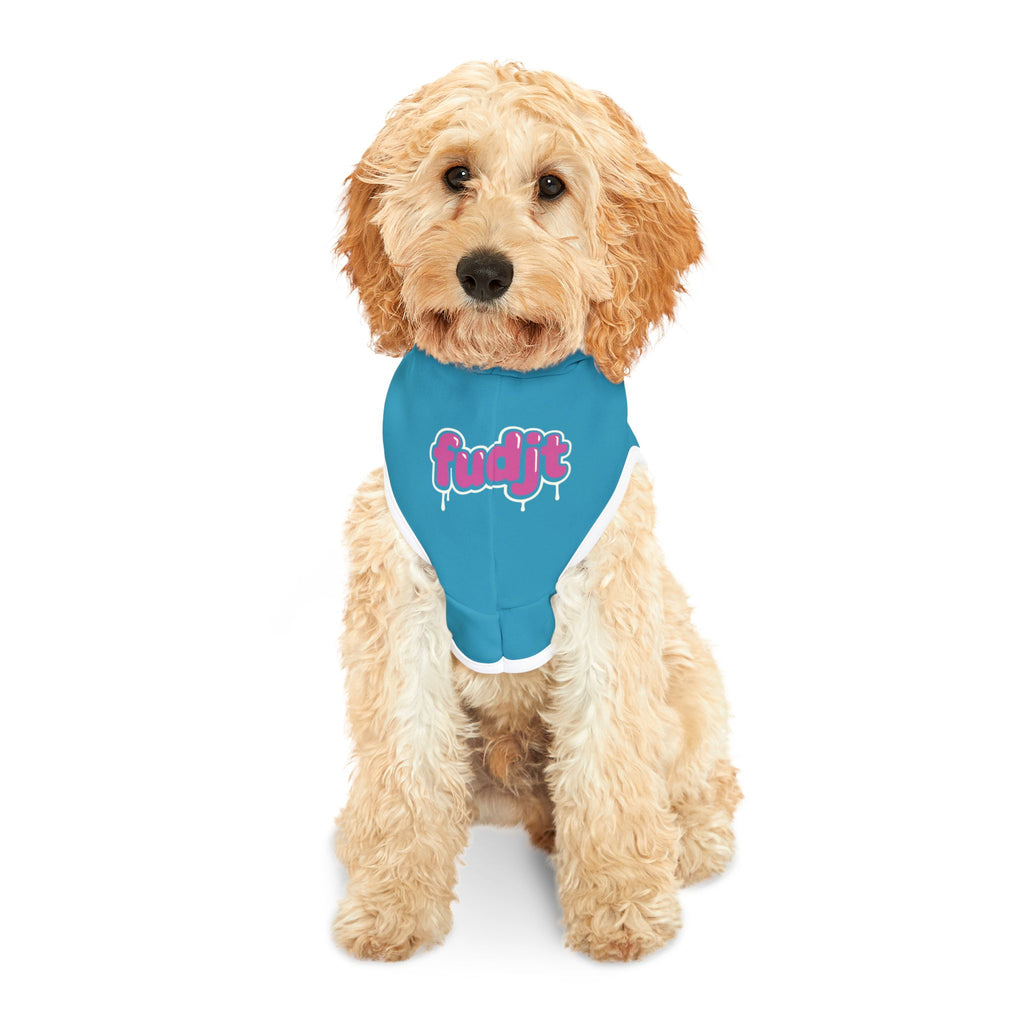Turquoise fudjt Pet Hoodie with Pink Drip Design