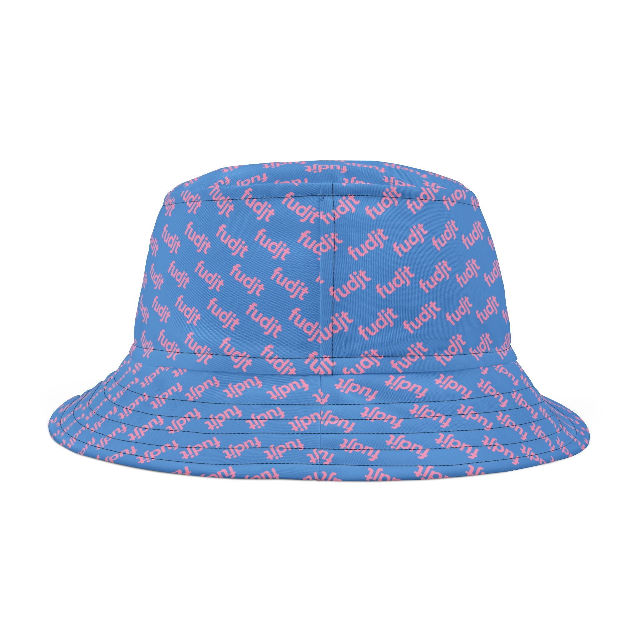 Trendy Pink fudjt All Over on Light Blue Bucket Hat