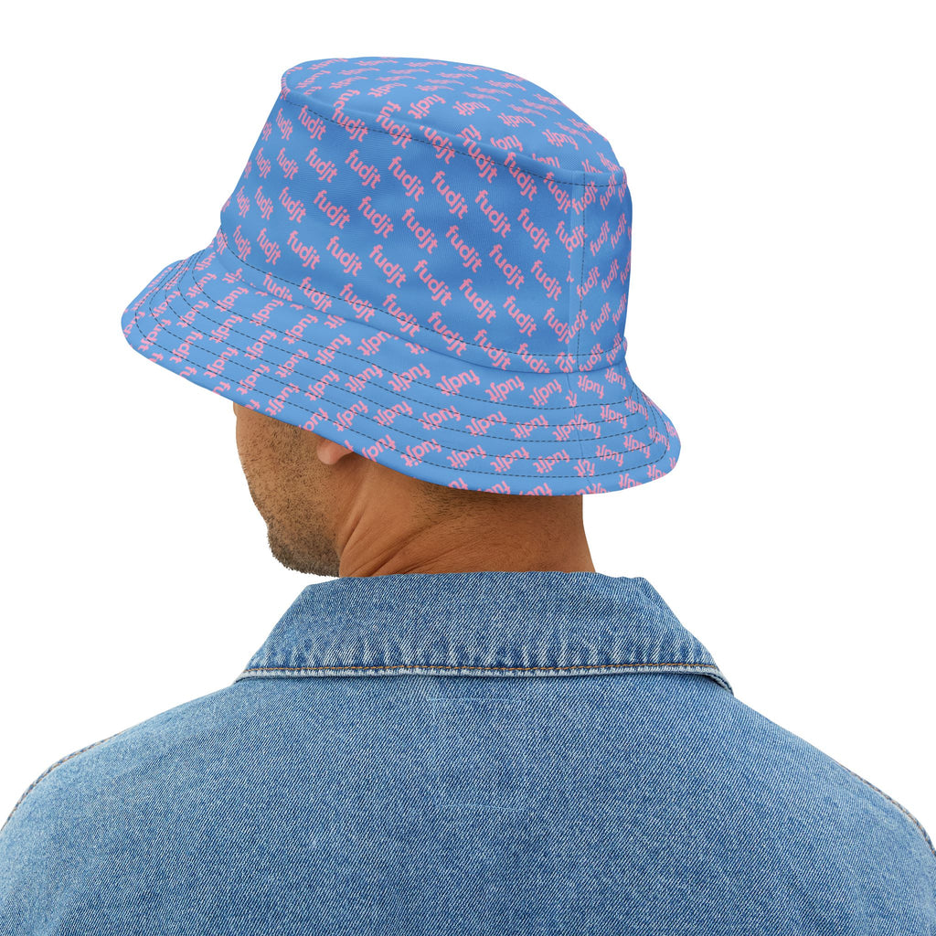 Trendy Pink fudjt All Over on Light Blue Bucket Hat