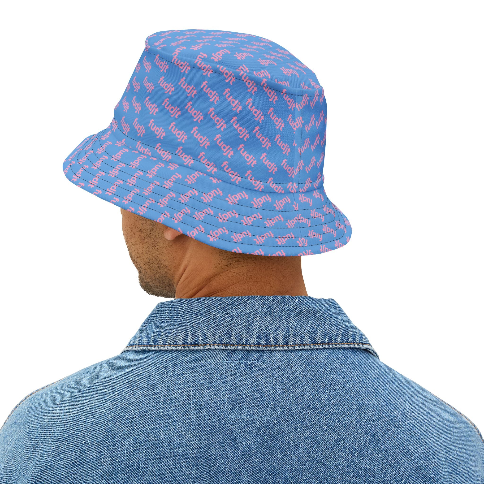 Trendy Pink fudjt All Over on Light Blue Bucket Hat