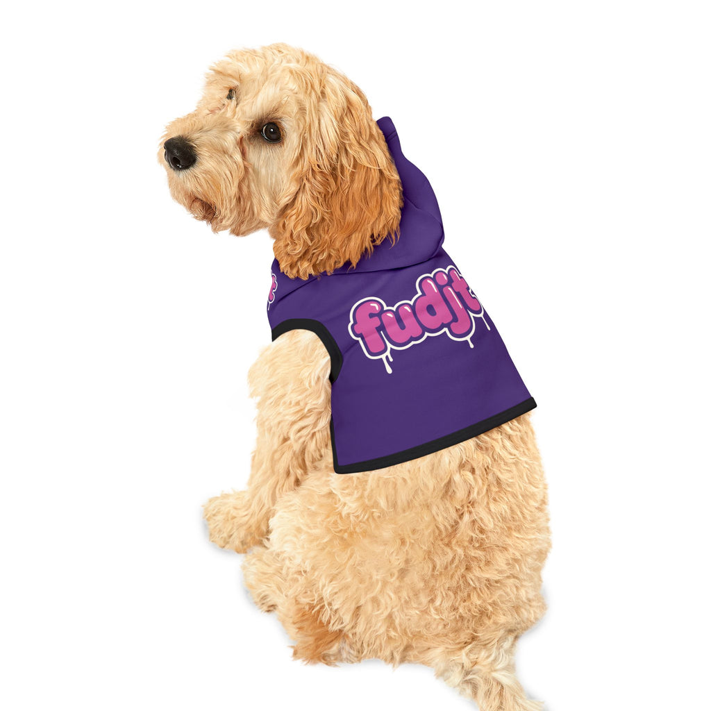 Purple fudjt Pet Hoodie with Pink Drip Design
