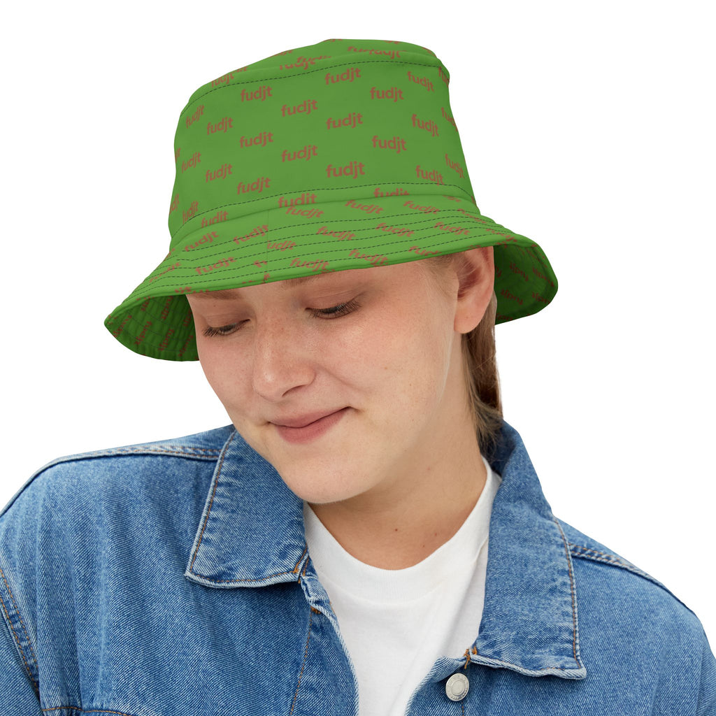 Trendy Brown fudjt All Over on Green Bucket Hat