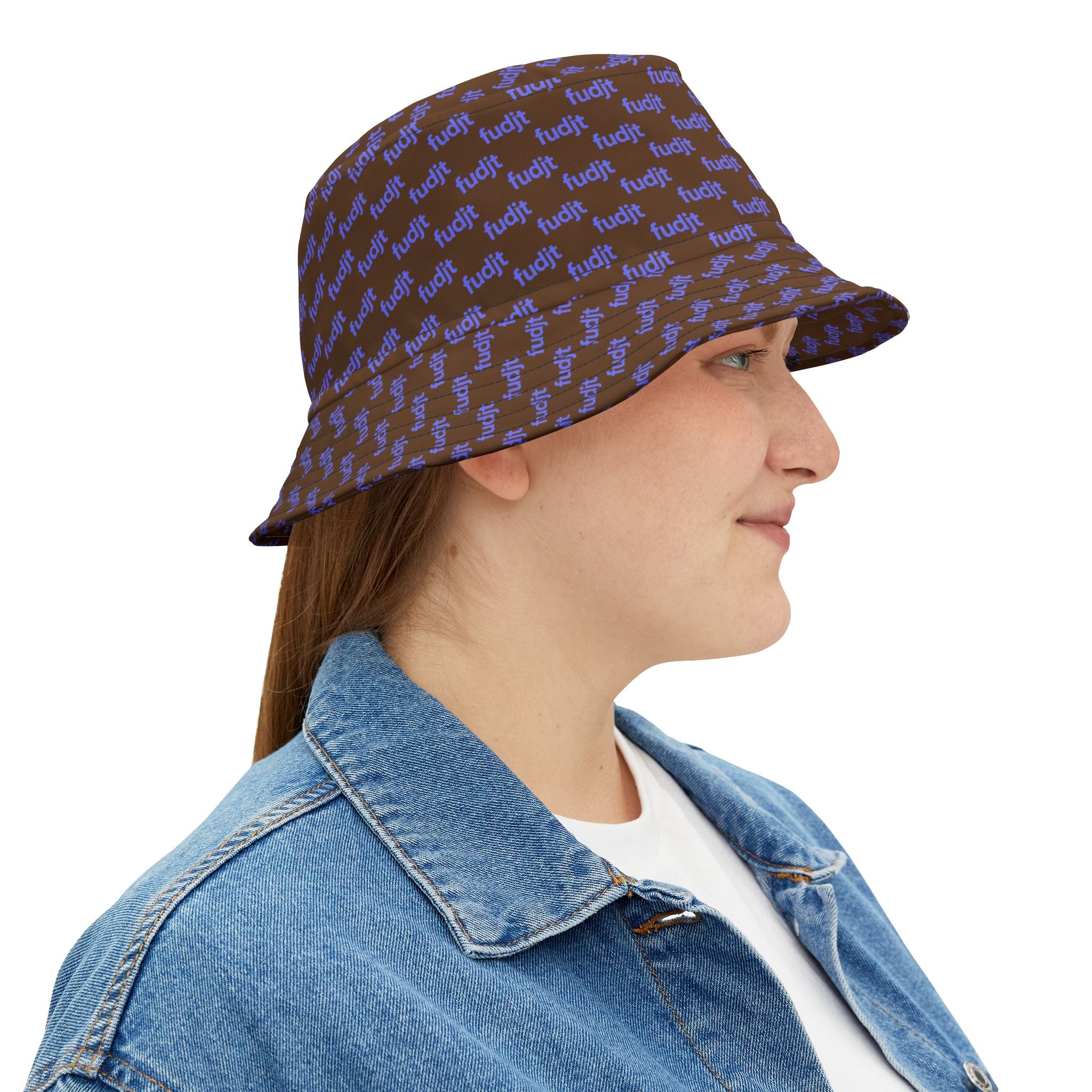 Trendy Light Blue fudjt All Over on Dark Brown Bucket Hat