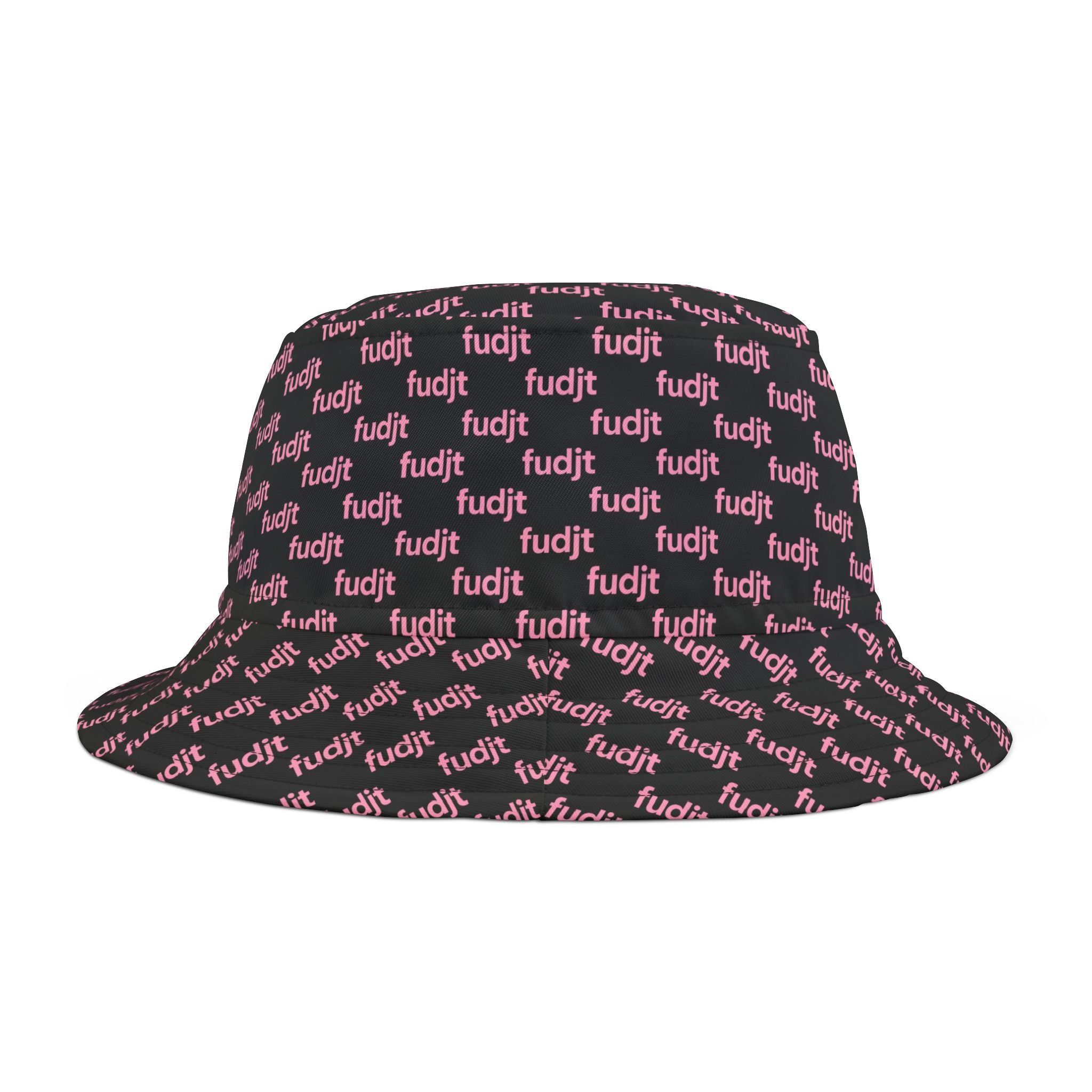 Trendy Pink fudjt All Over on Black Bucket Hat