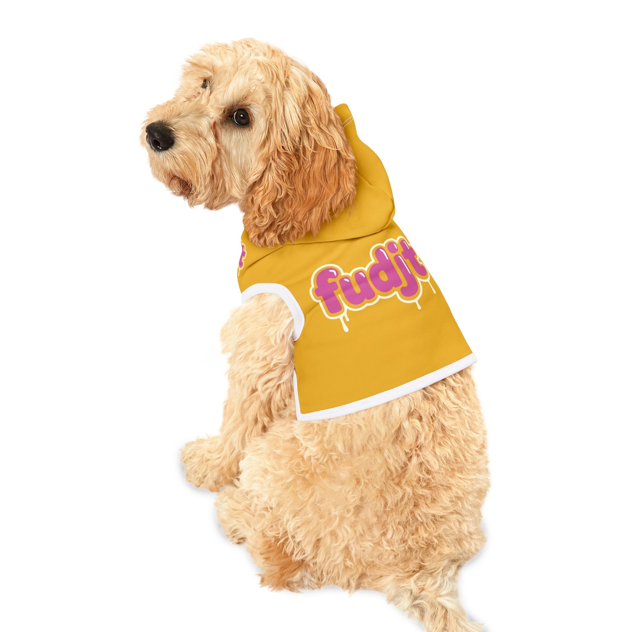Yellow fudjt Pet Hoodie with Pink Drip Design