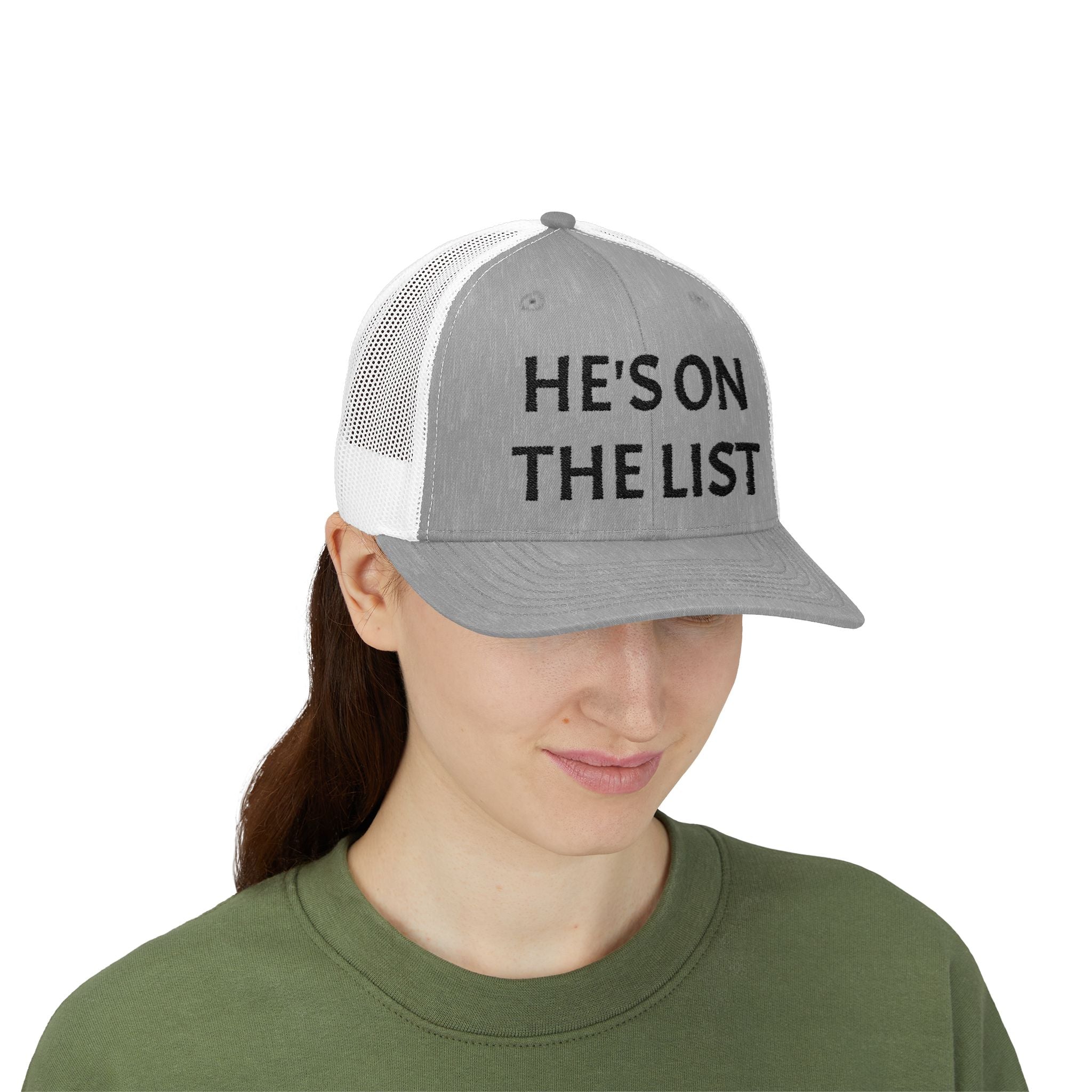 He's On The List | Black Embroidered Fudjt Snapback Trucker Cap in 6 Colors | Trending Now