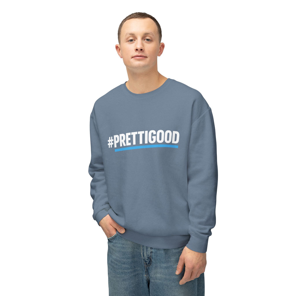 #PrettiGood Crewneck Sweatshirt — Blue Star Graphic Backside, Premium Casual Pullover | 7 Colors