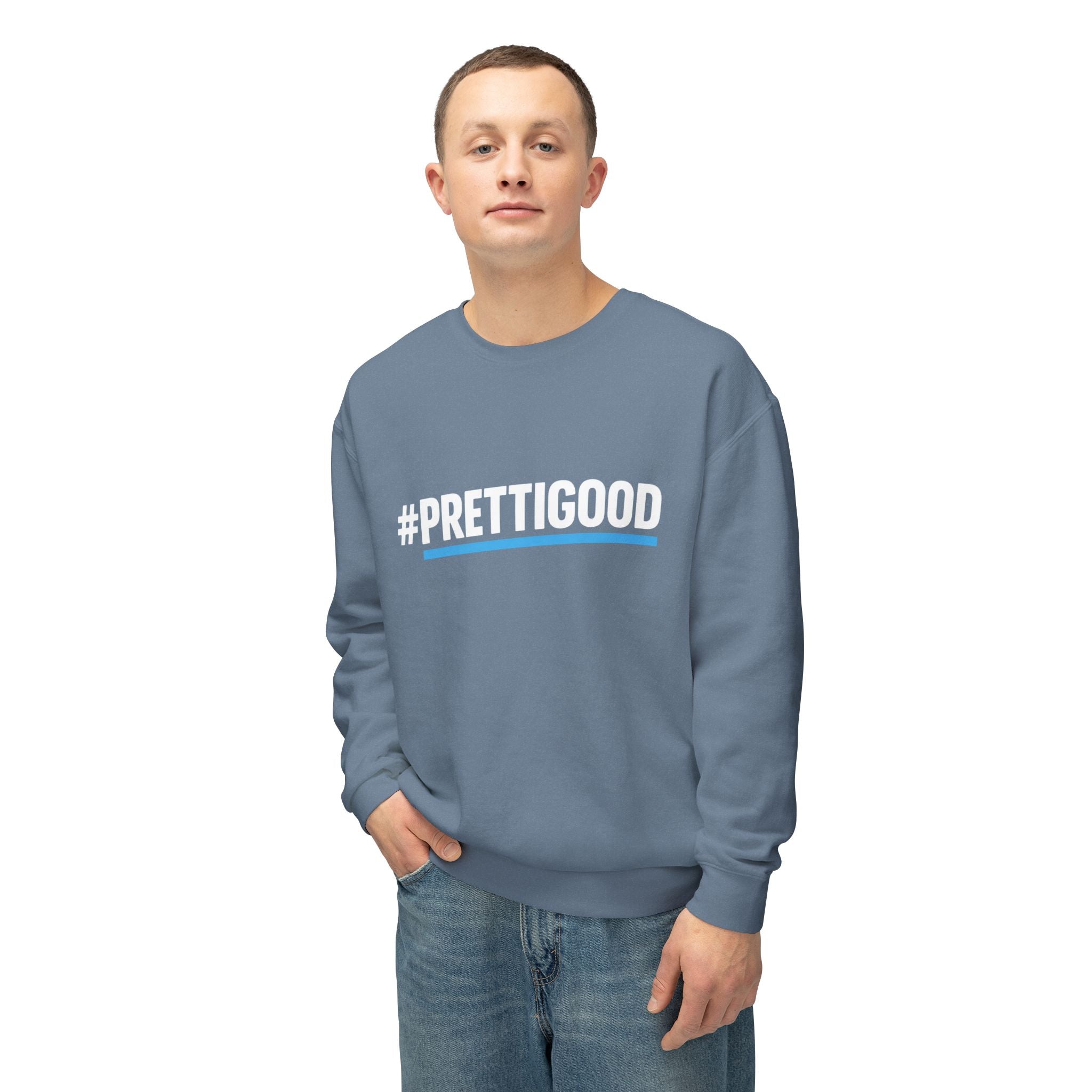 #PrettiGood Crewneck Sweatshirt — Blue Star Graphic Backside, Premium Casual Pullover | 7 Colors