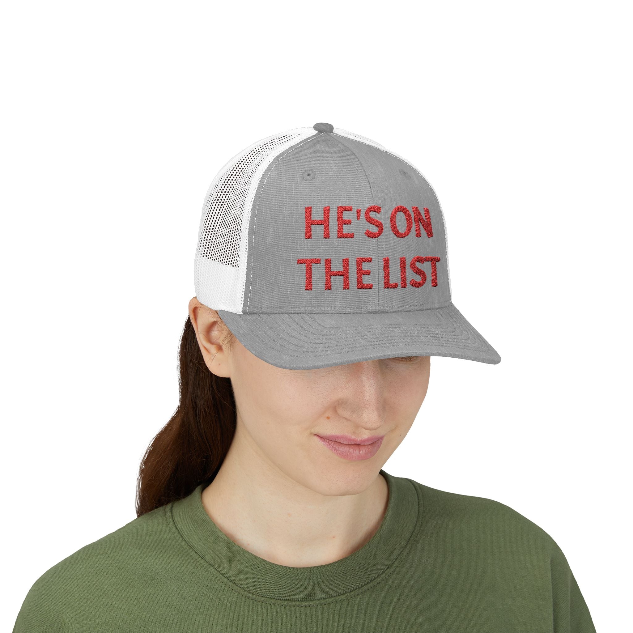 He's On The List | Red Embroidered Fudjt Snapback Trucker Cap in 6 Colors | Trending Now