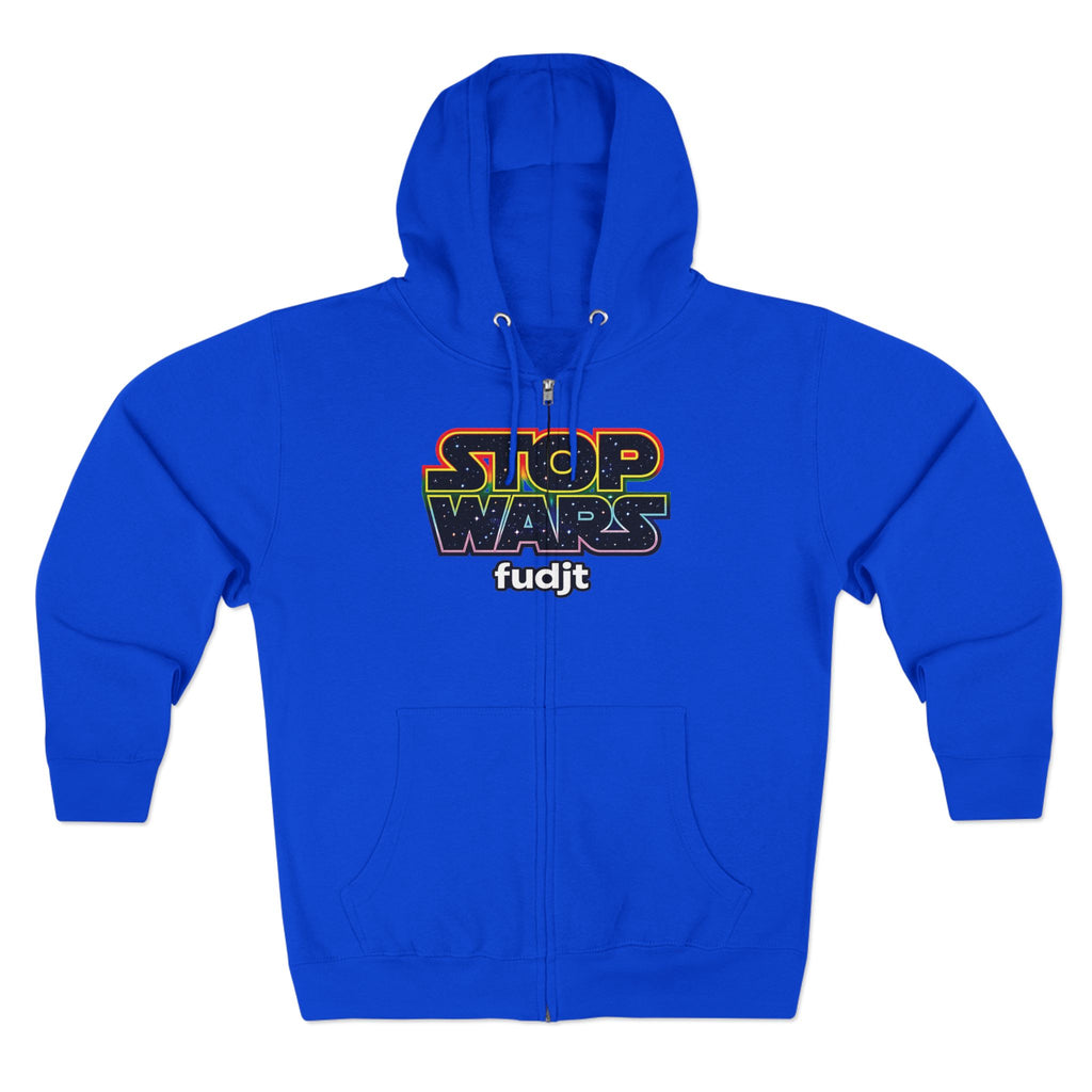 fudjt Stop Wars Zip Hoodie | Front & Back Graphic, White fudjt | 6 Colors