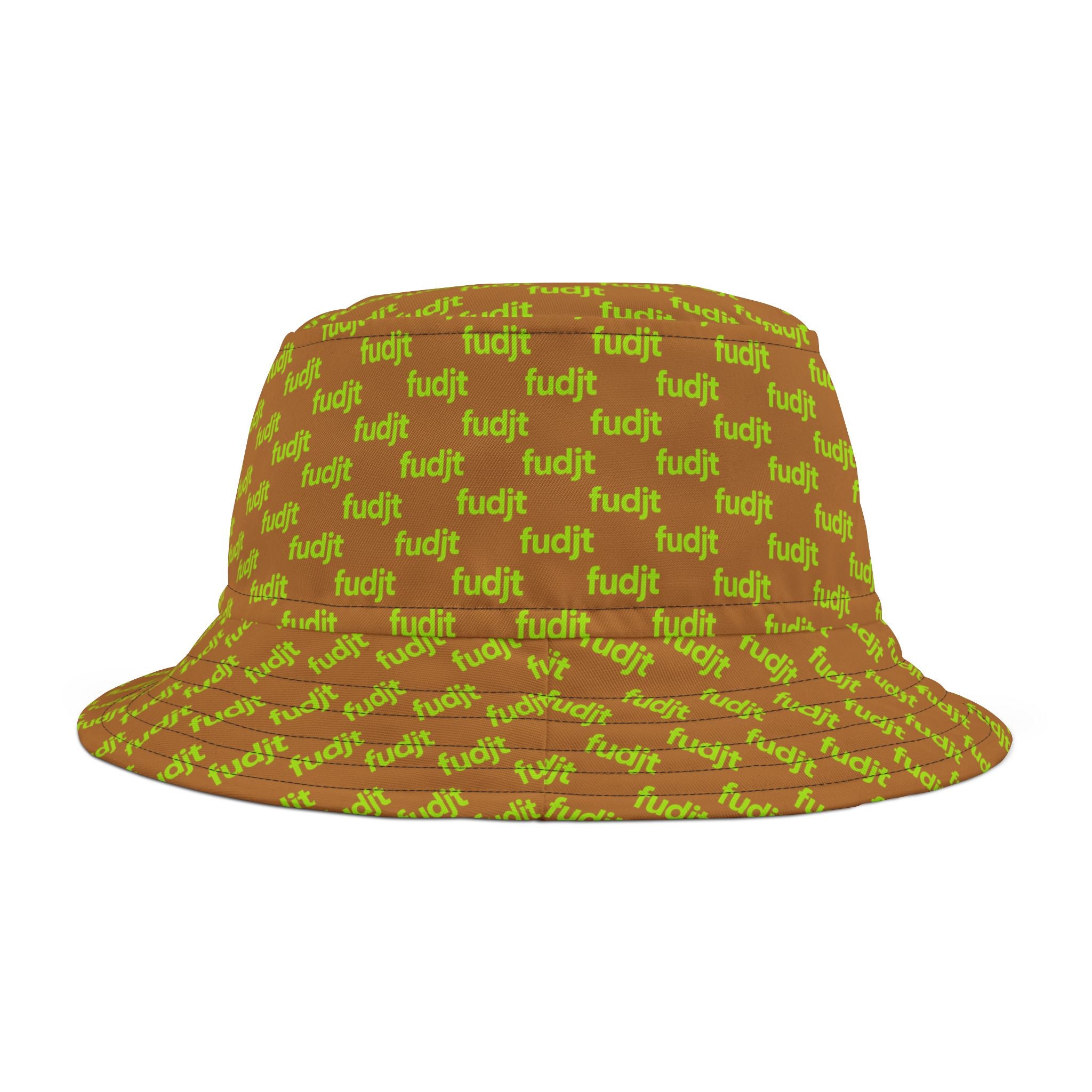 Trendy Lime Green fudjt All Over on Light Brown Bucket Hat