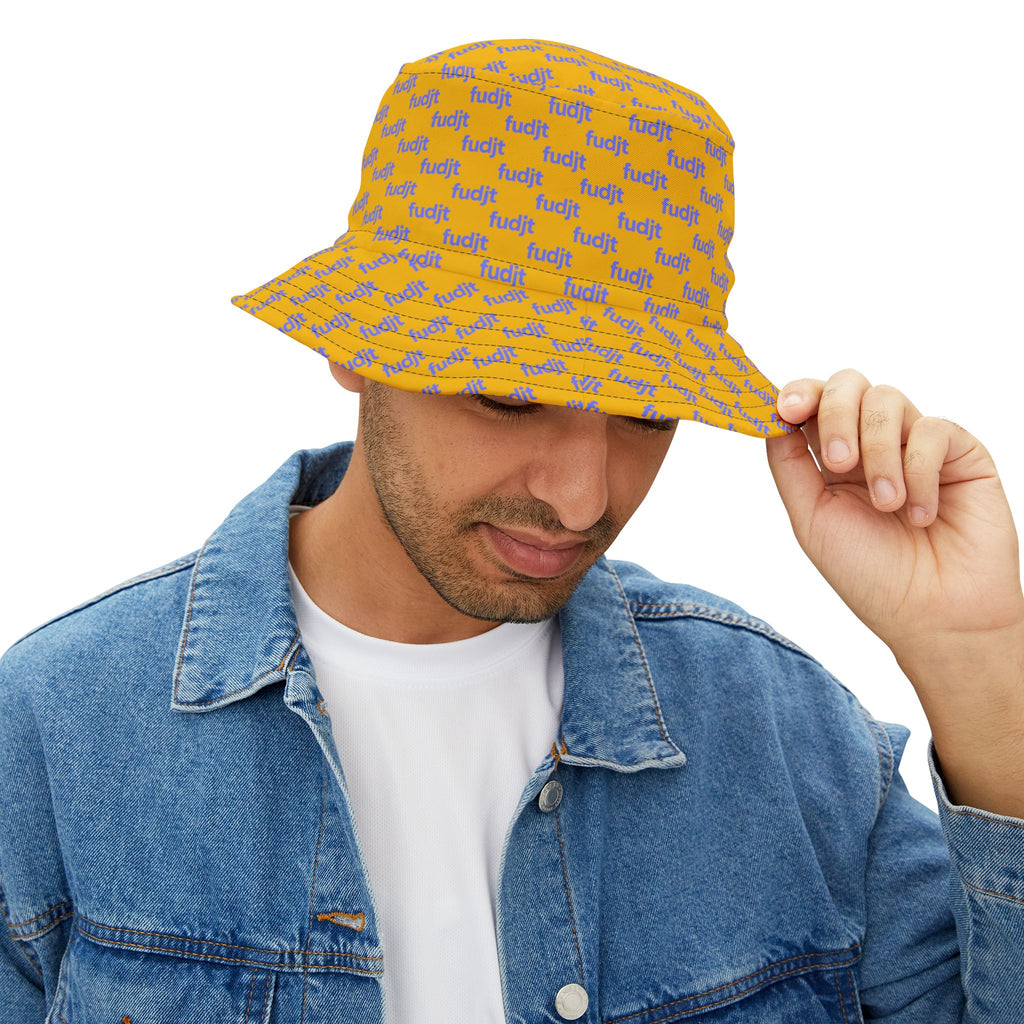 Trendy Light Blue fudjt All Over on Yellow Bucket Hat