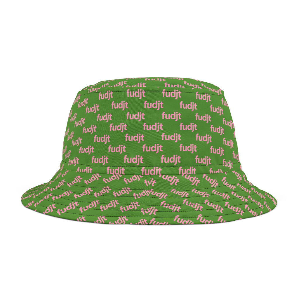 Trendy Pink fudjt All Over on Green Bucket Hat