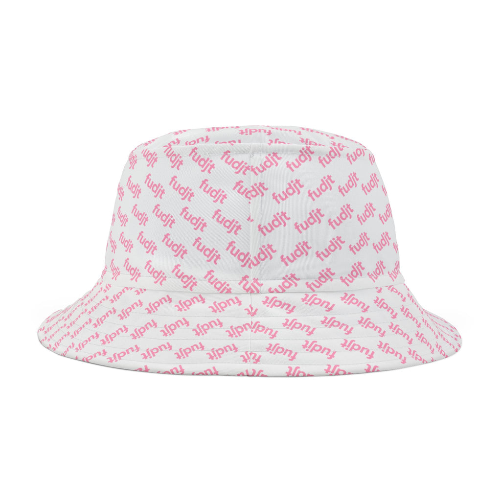 Trendy Pink fudjt All Over on White Bucket Hat