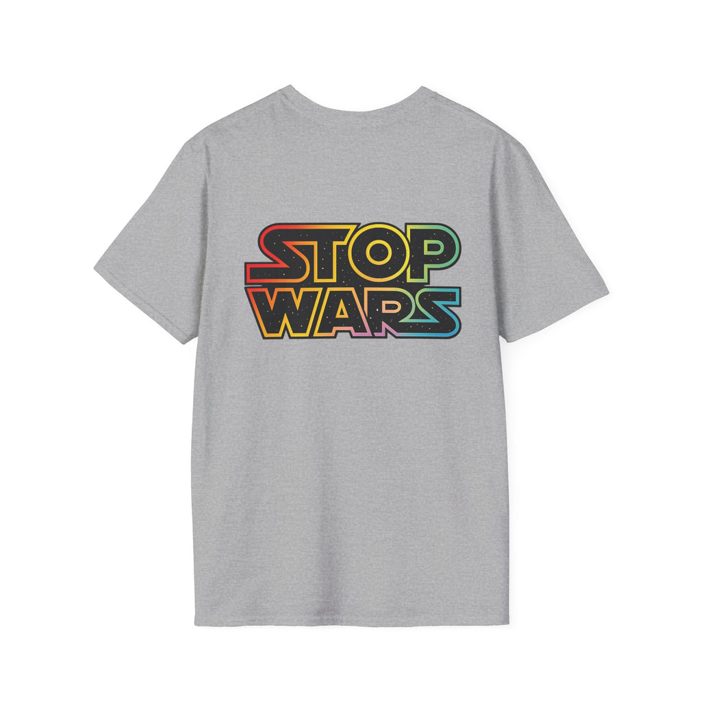 fudjt "STOP WARS" Retro Rainbow Anti-War Everyday Soft & Stylish Tee | Front & Back Graphic, Black fudjt | 7 Colors
