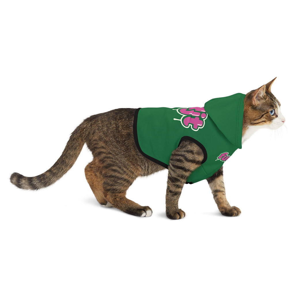 Dark Green fudjt Pet Hoodie with Pink Drip Design