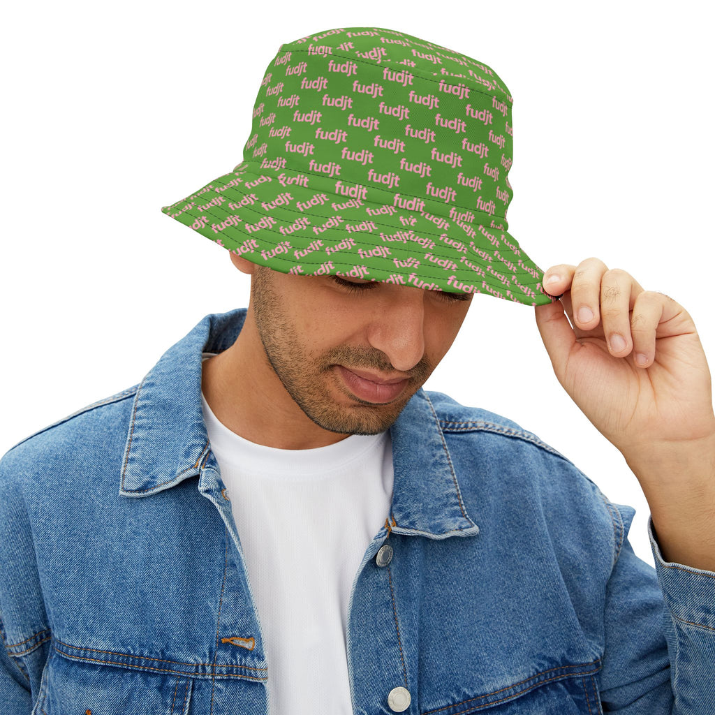 Trendy Pink fudjt All Over on Green Bucket Hat