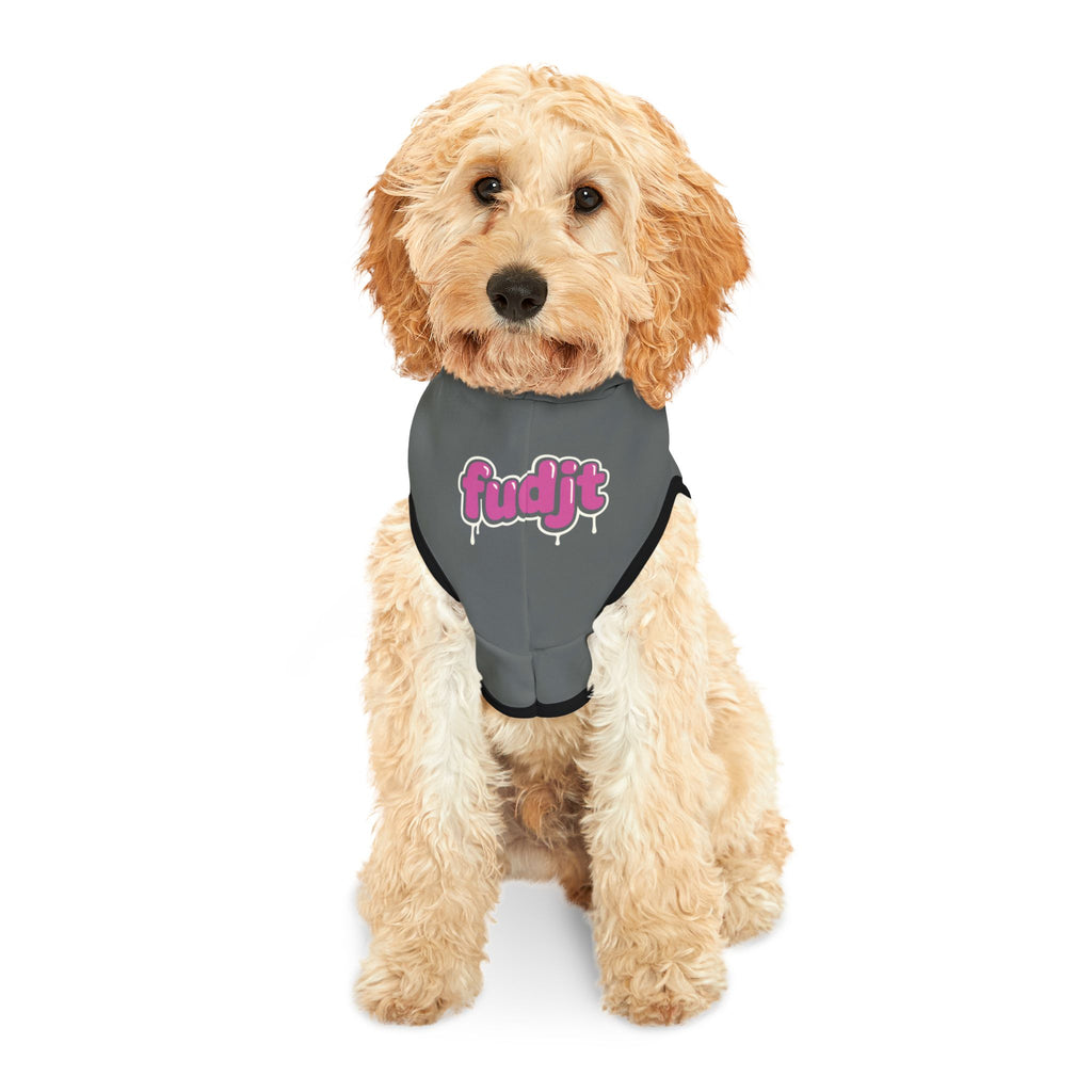 Dark Gray fudjt Pet Hoodie with Pink Drip Design