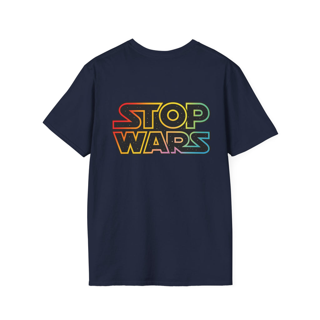 fudjt "STOP WARS" Retro Rainbow Anti-War Everyday Soft & Stylish Tee | Front & Back Graphic, Gold fudjt | 7 Colors