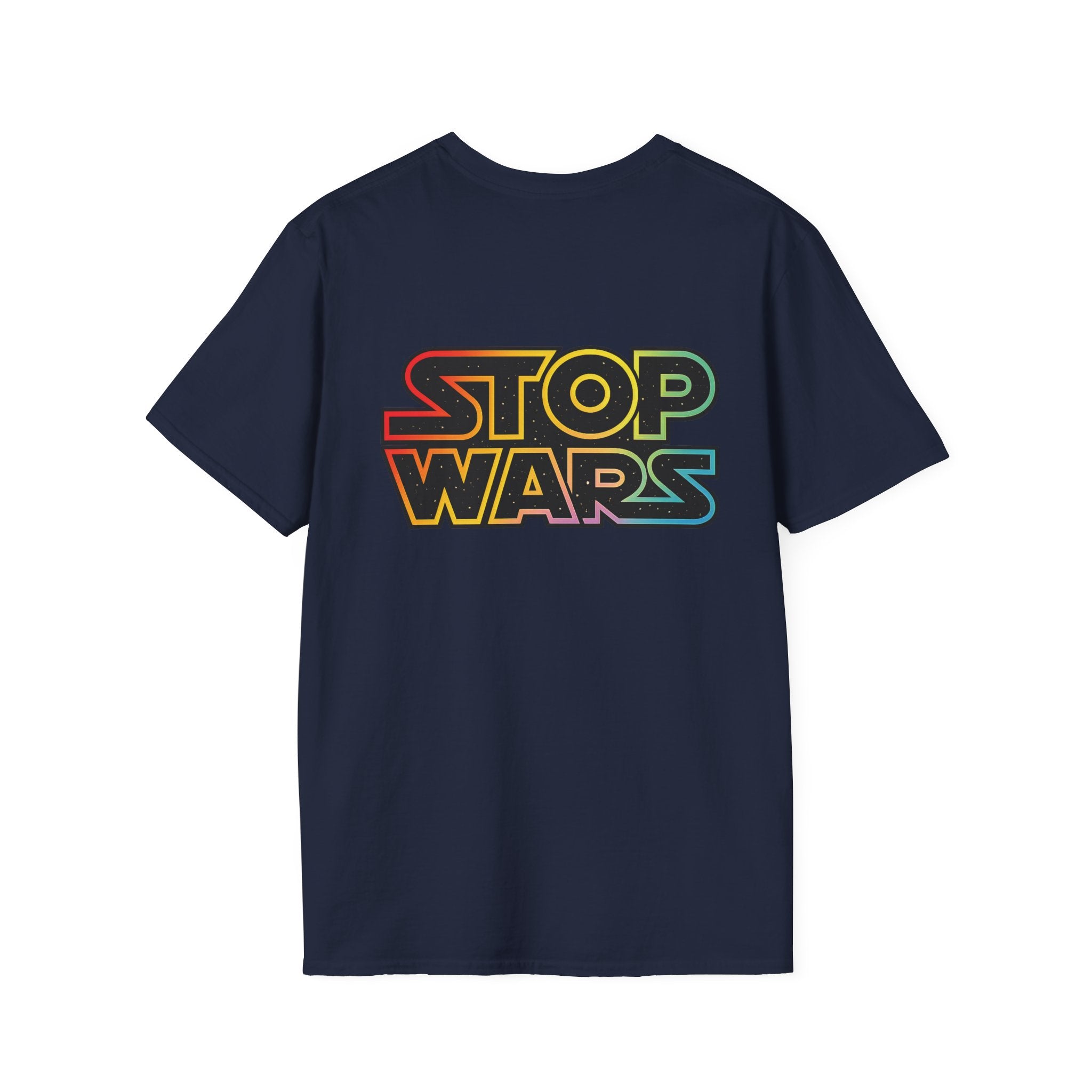 fudjt "STOP WARS" Retro Rainbow Anti-War Everyday Soft & Stylish Tee | Front & Back Graphic, Gold fudjt | 7 Colors
