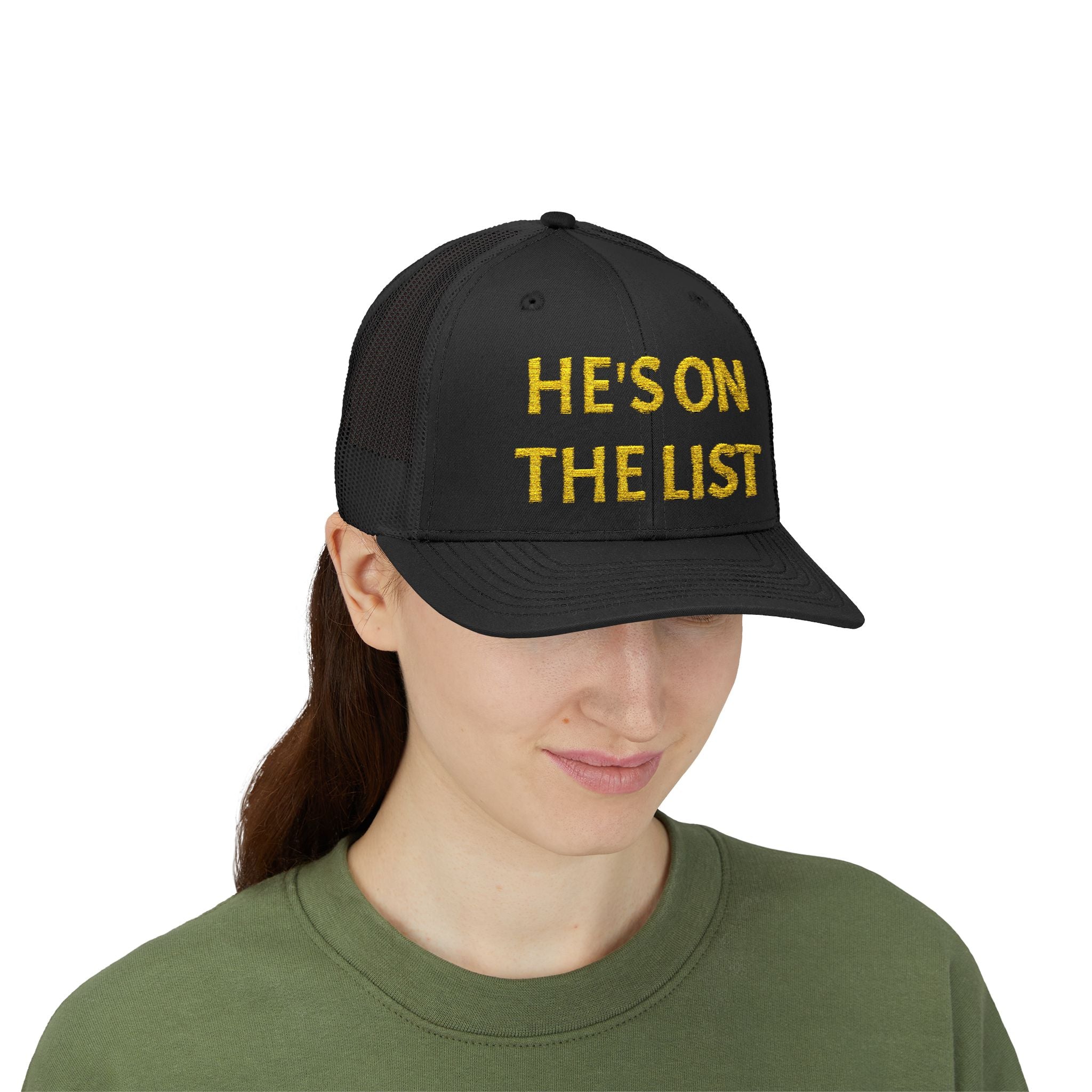 He's On The List | Gold Embroidered Fudjt Snapback Trucker Cap in 5 Colors | Trending Now