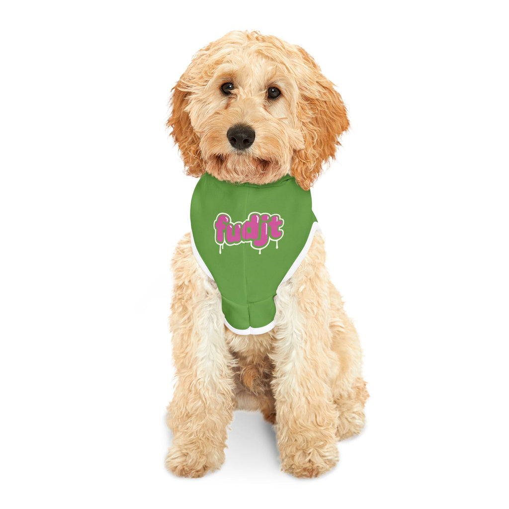 Green fudjt Pet Hoodie with Pink Drip Design