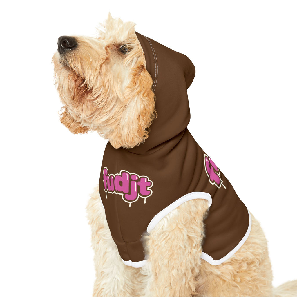 Brown fudjt Pet Hoodie with Pink Drip Design