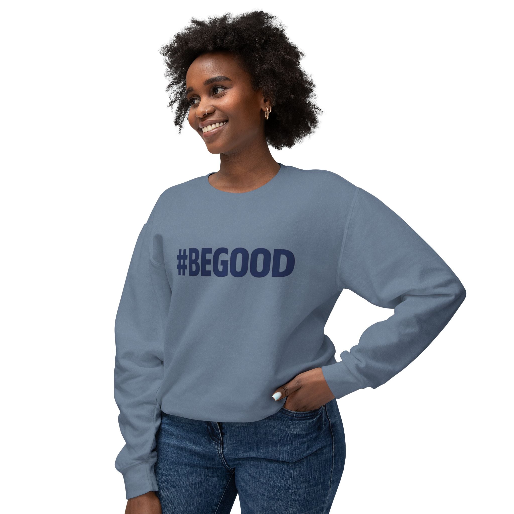 #BEGOOD Crewneck Sweatshirt — Blue Star Graphic Backside, Premium Casual Pullover | 7 Colors