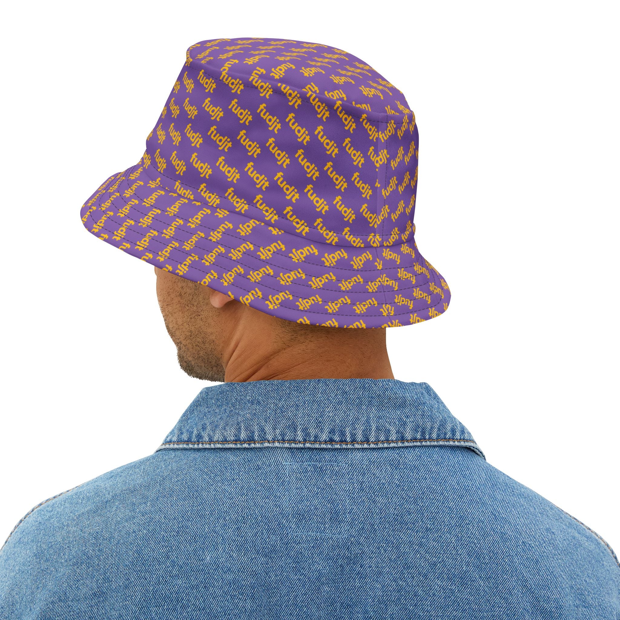 Trendy Yellow fudjt All Over on Light Purple Bucket Hat