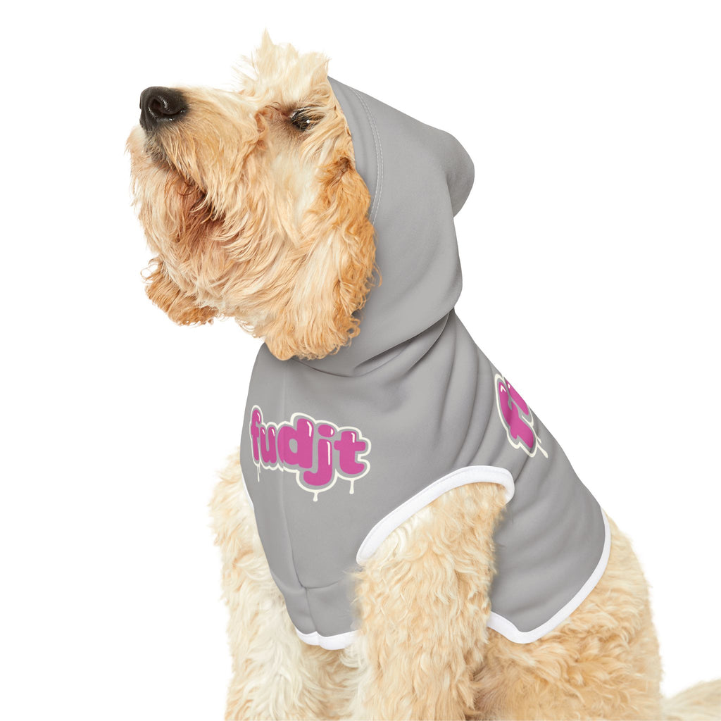 Light Gray fudjt Pet Hoodie with Pink Drip Design