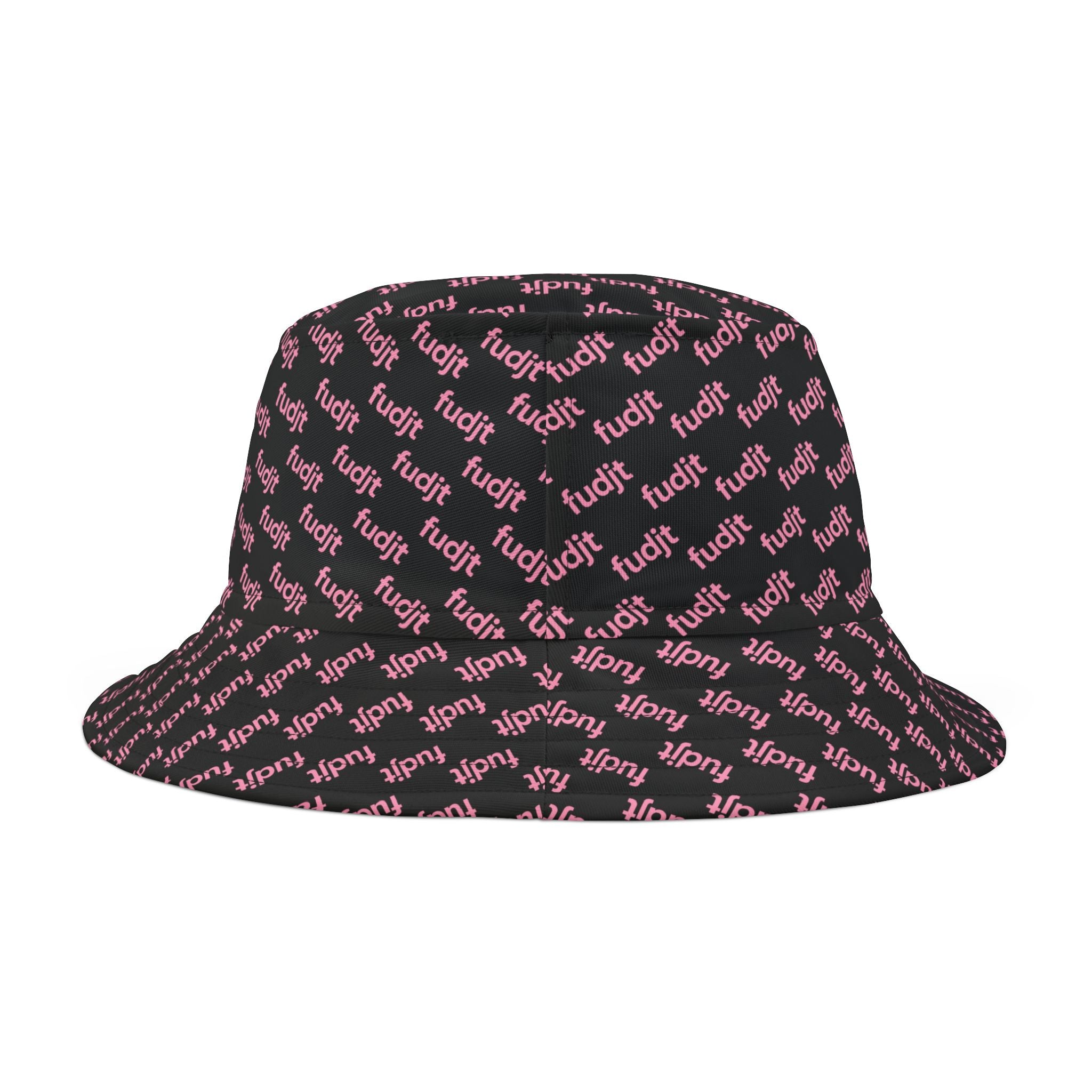 Trendy Pink fudjt All Over on Black Bucket Hat