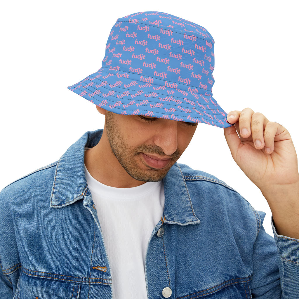 Trendy Pink fudjt All Over on Light Blue Bucket Hat