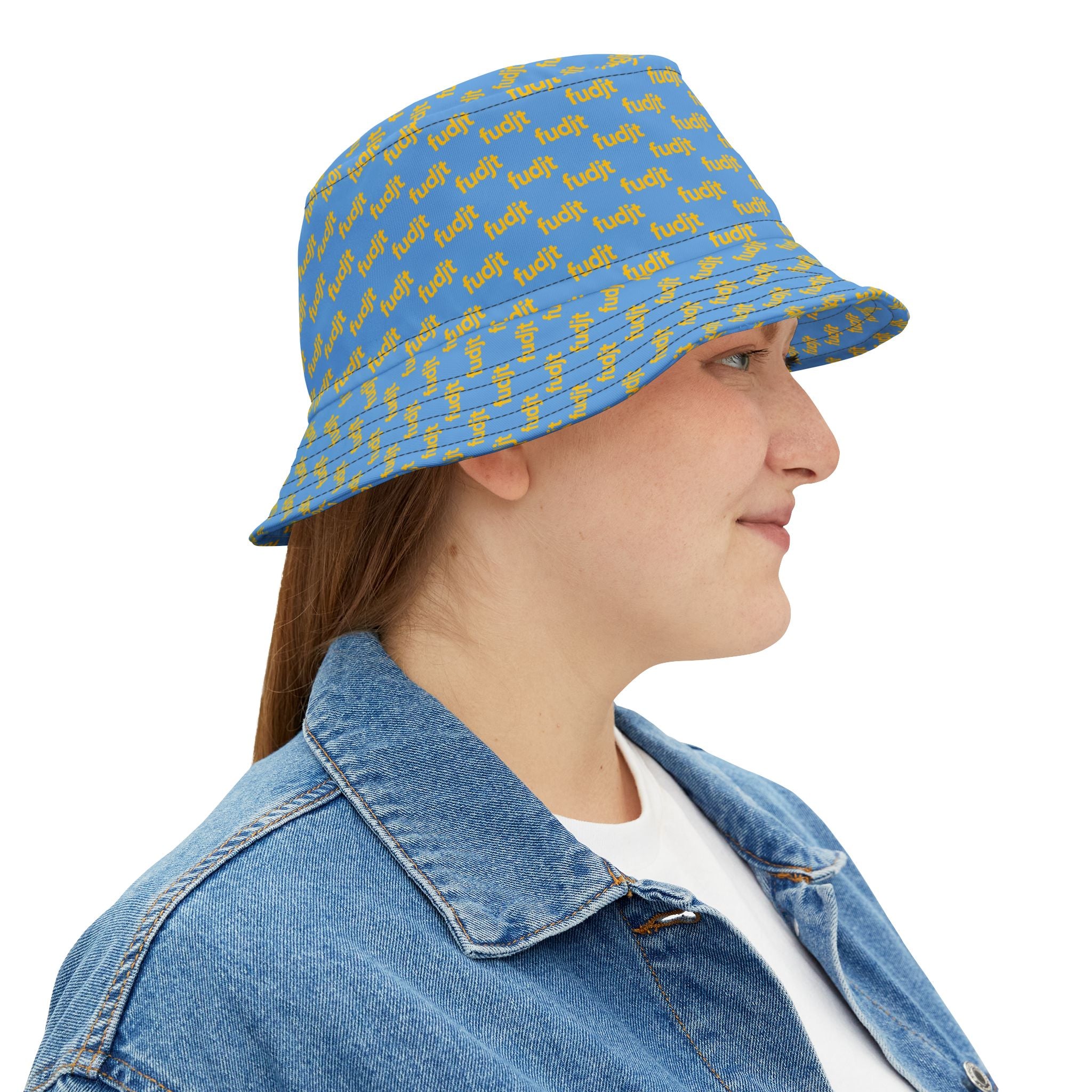 Trendy Yellow fudjt All Over on Light Blue Bucket Hat