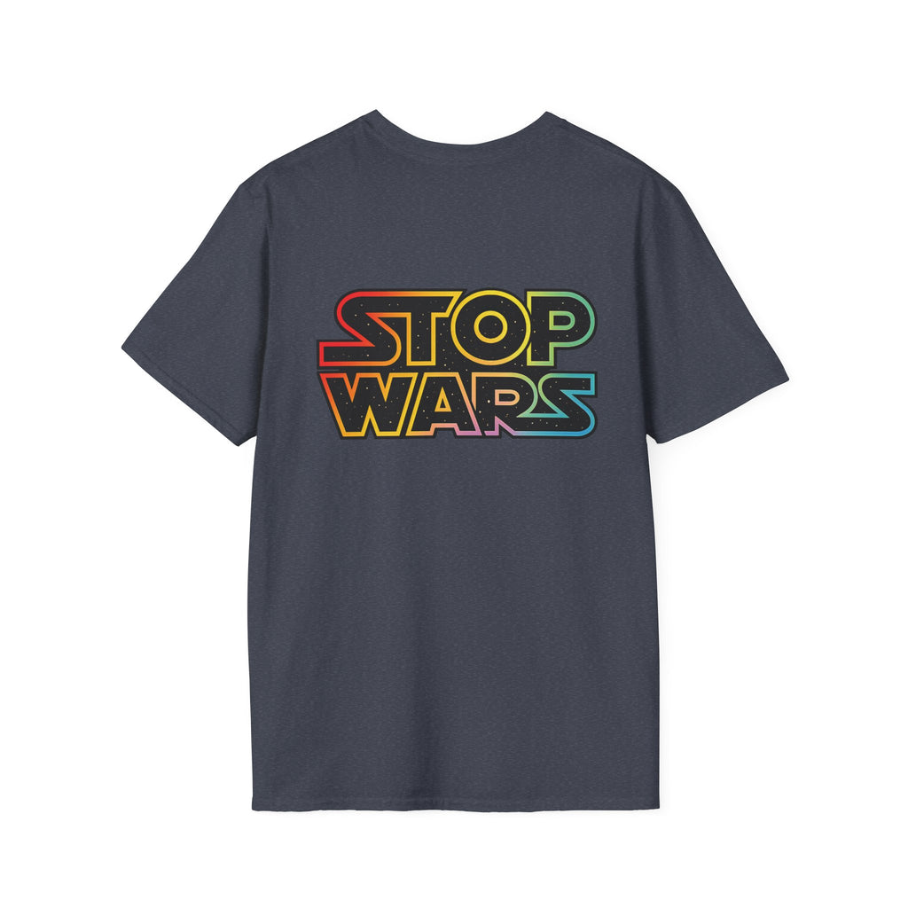 fudjt "STOP WARS" Retro Rainbow Anti-War Everyday Soft & Stylish Tee | Front & Back Graphic, Gold fudjt | 7 Colors