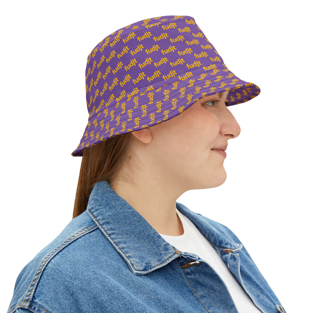 Trendy Yellow fudjt All Over on Light Purple Bucket Hat