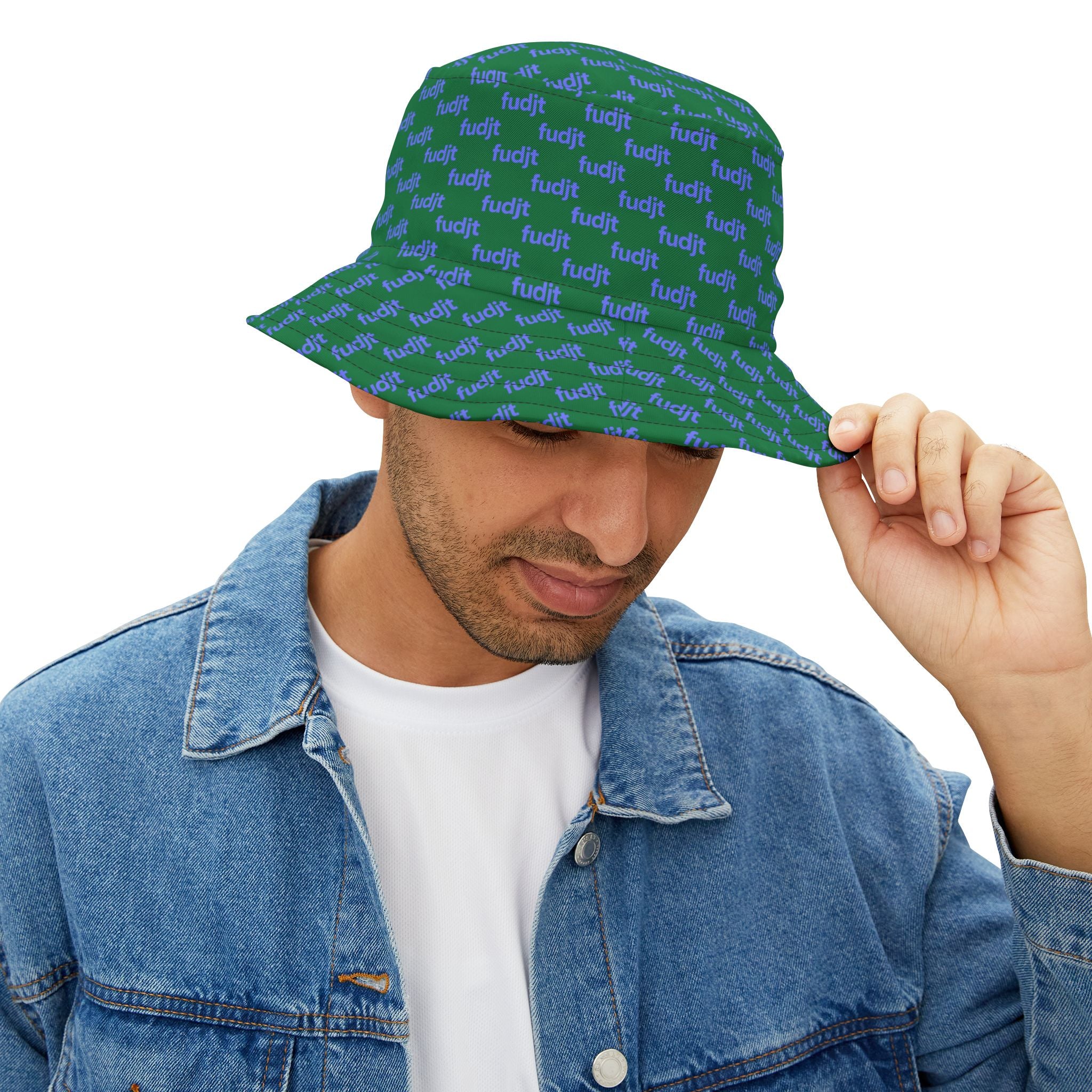 Trendy Light Blue fudjt All Over on Dark Green Bucket Hat