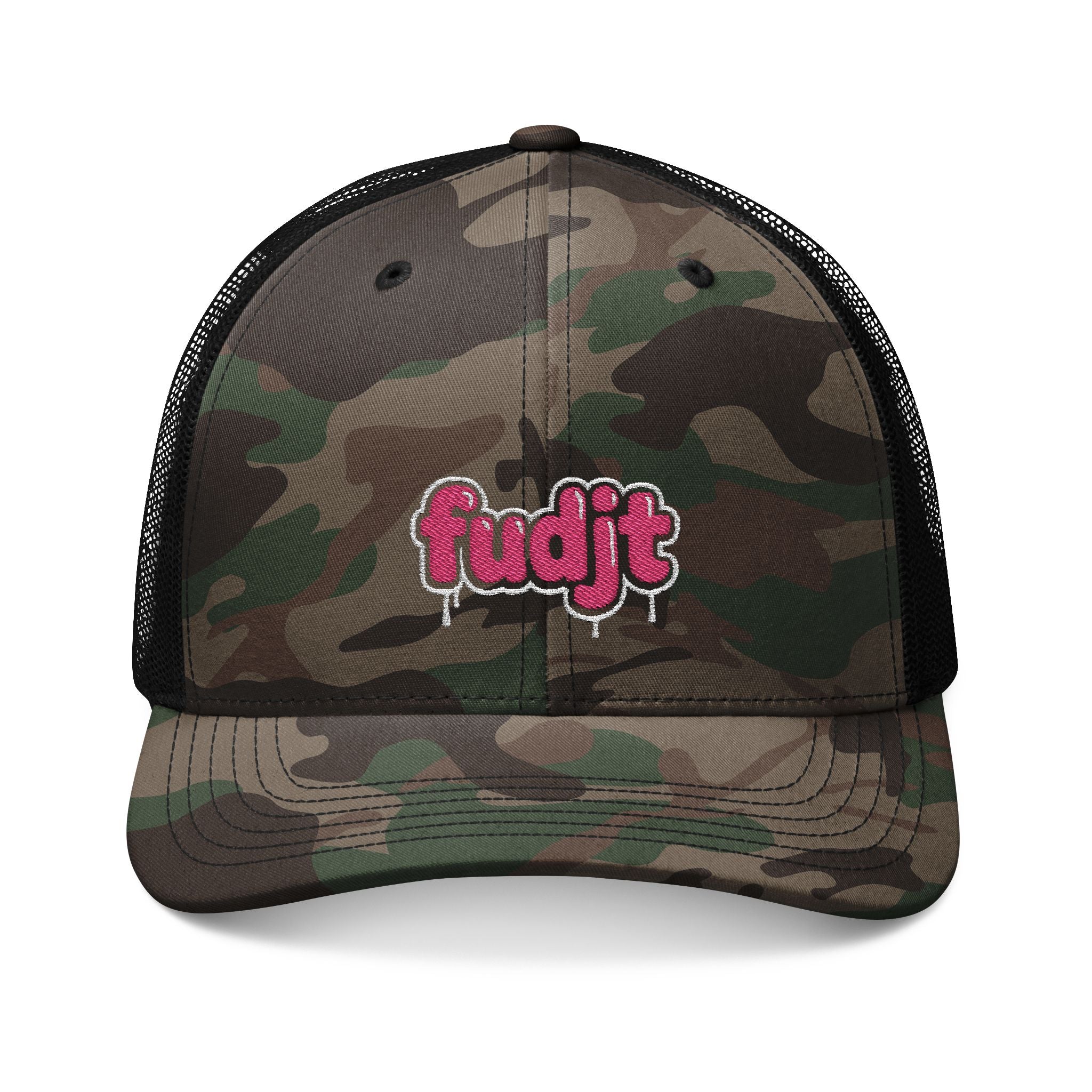 Camouflage Trucker Hat | Pink Drip fudjt Embroidery | 3 Colors