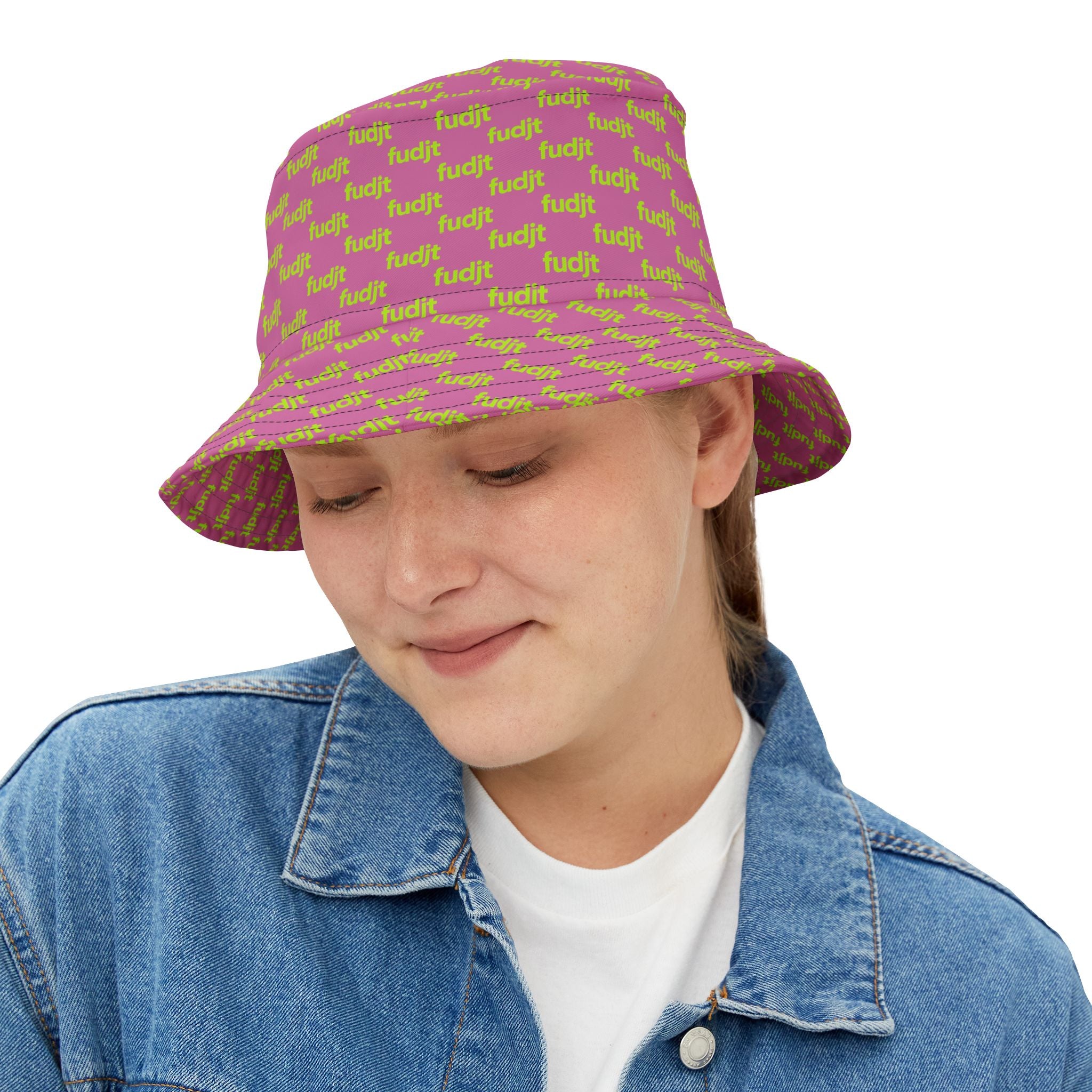 Trendy Lime Green fudjt All Over on Light Pink Bucket Hat