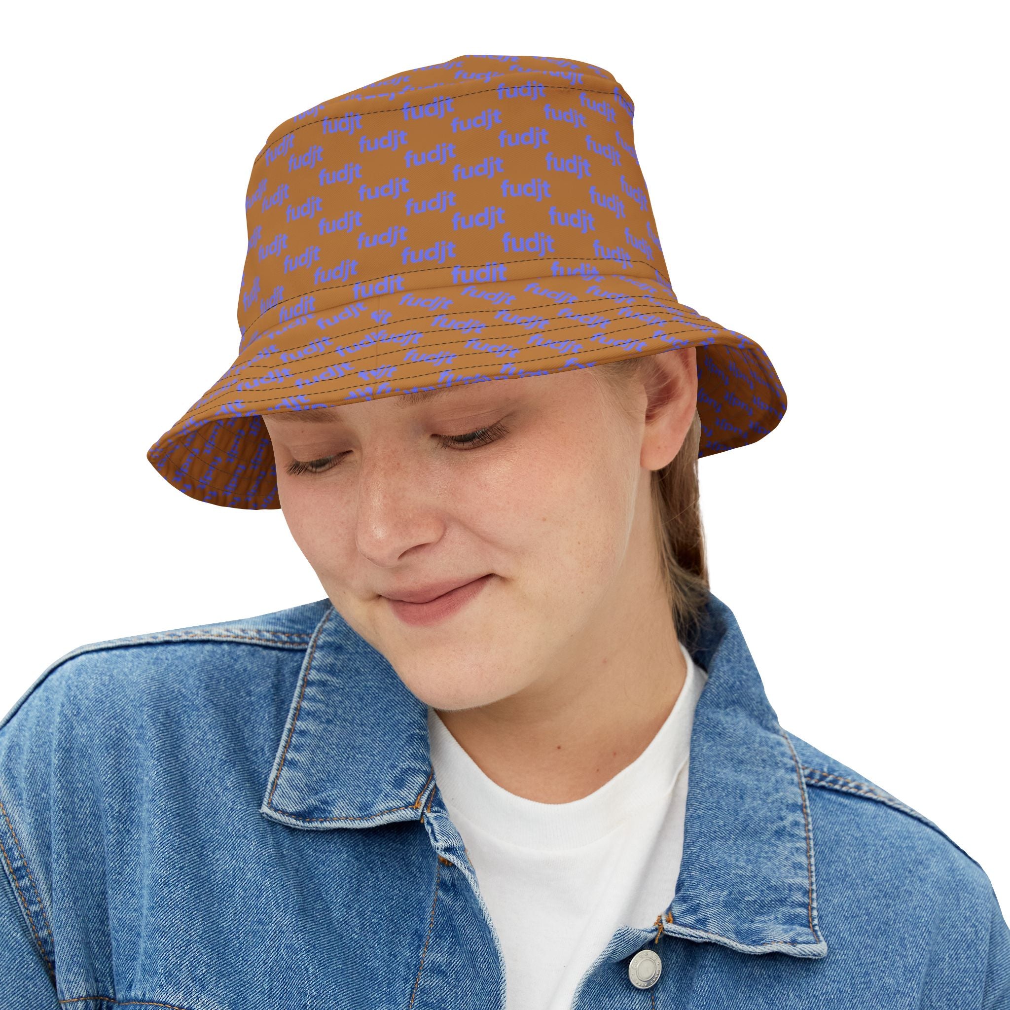 Trendy Light Blue fudjt All Over on Brown Bucket Hat