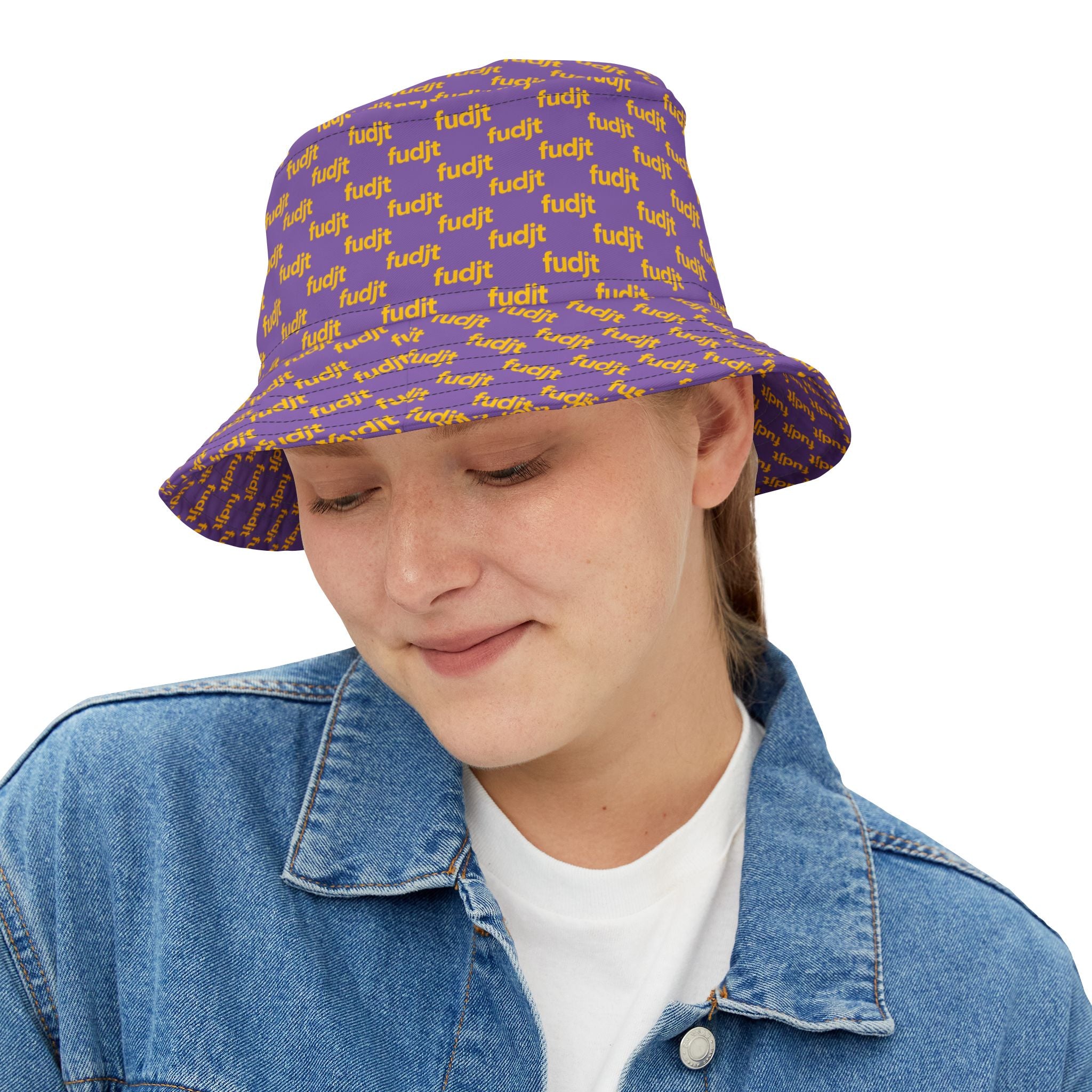 Trendy Yellow fudjt All Over on Light Purple Bucket Hat