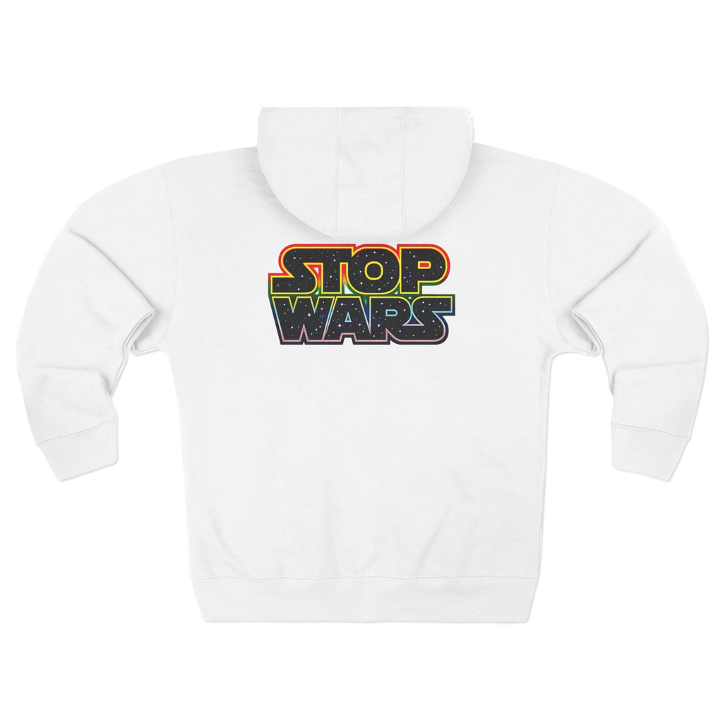 fudjt Stop Wars Zip Hoodie | Front & Back Graphic, White fudjt | 6 Colors