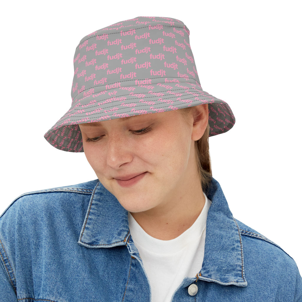 Trendy Pink fudjt All Over on Light Gray Bucket Hat